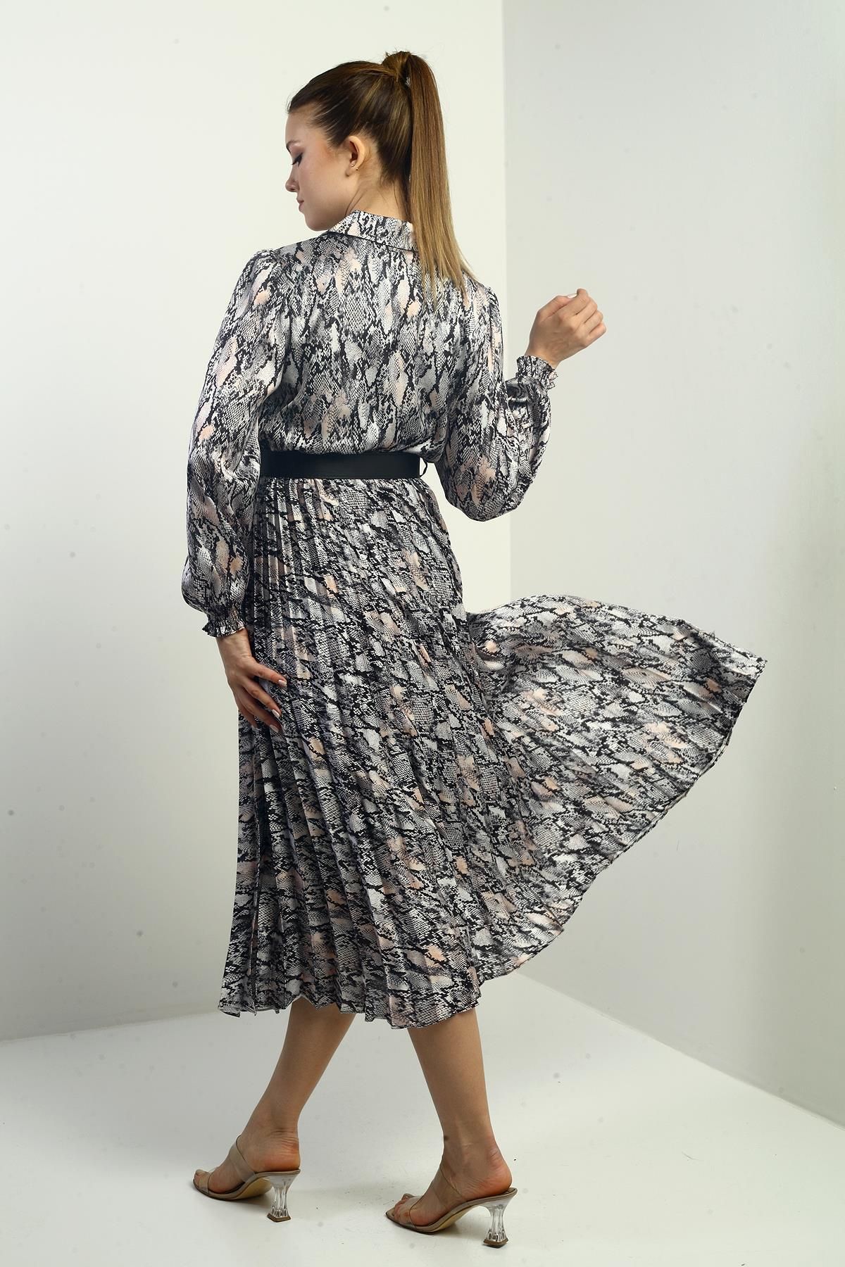 By Saygı-Women Front Half Buttoned Belted Lined Snake Pattern Pleated Midi Satin Dress 4