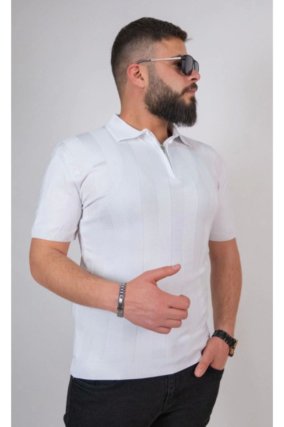 MHT STORE Triko Dokuma Yarım Fermuarlı Yakalı T-shirt - Beyaz