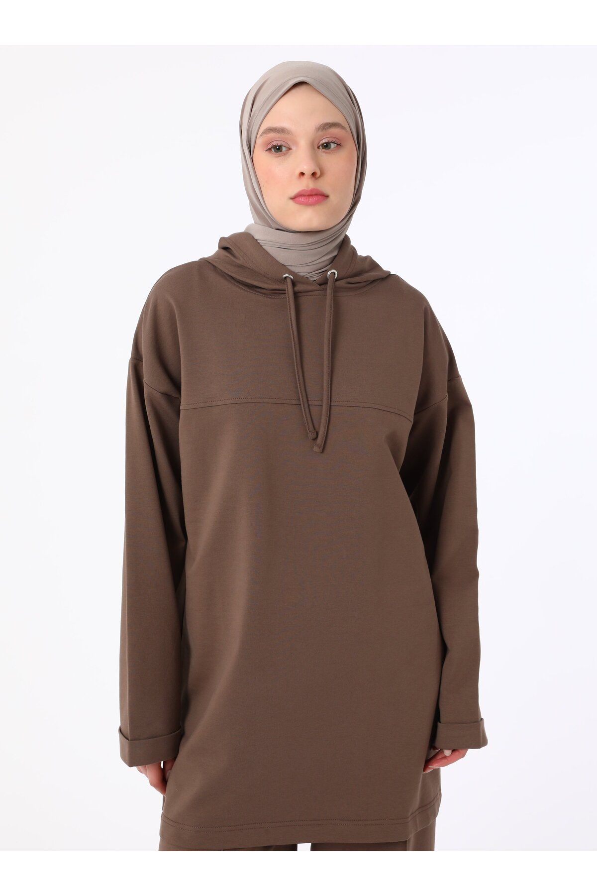 Refka-Hooded Tracksuit Set with Stitching Detail - Bitter Brown - Basic 3