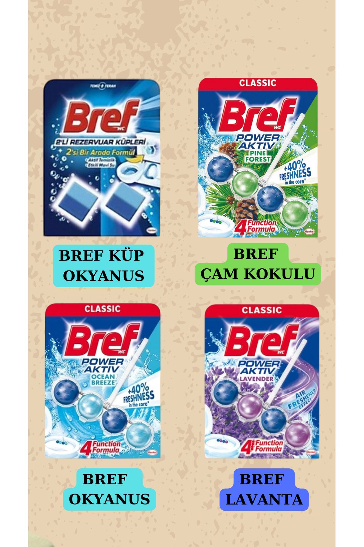 Bref Power Aktiv Katı Klozet Karma Set (Bref küp-Bref Okyanus -Bref Lavanta-Bref Çam)