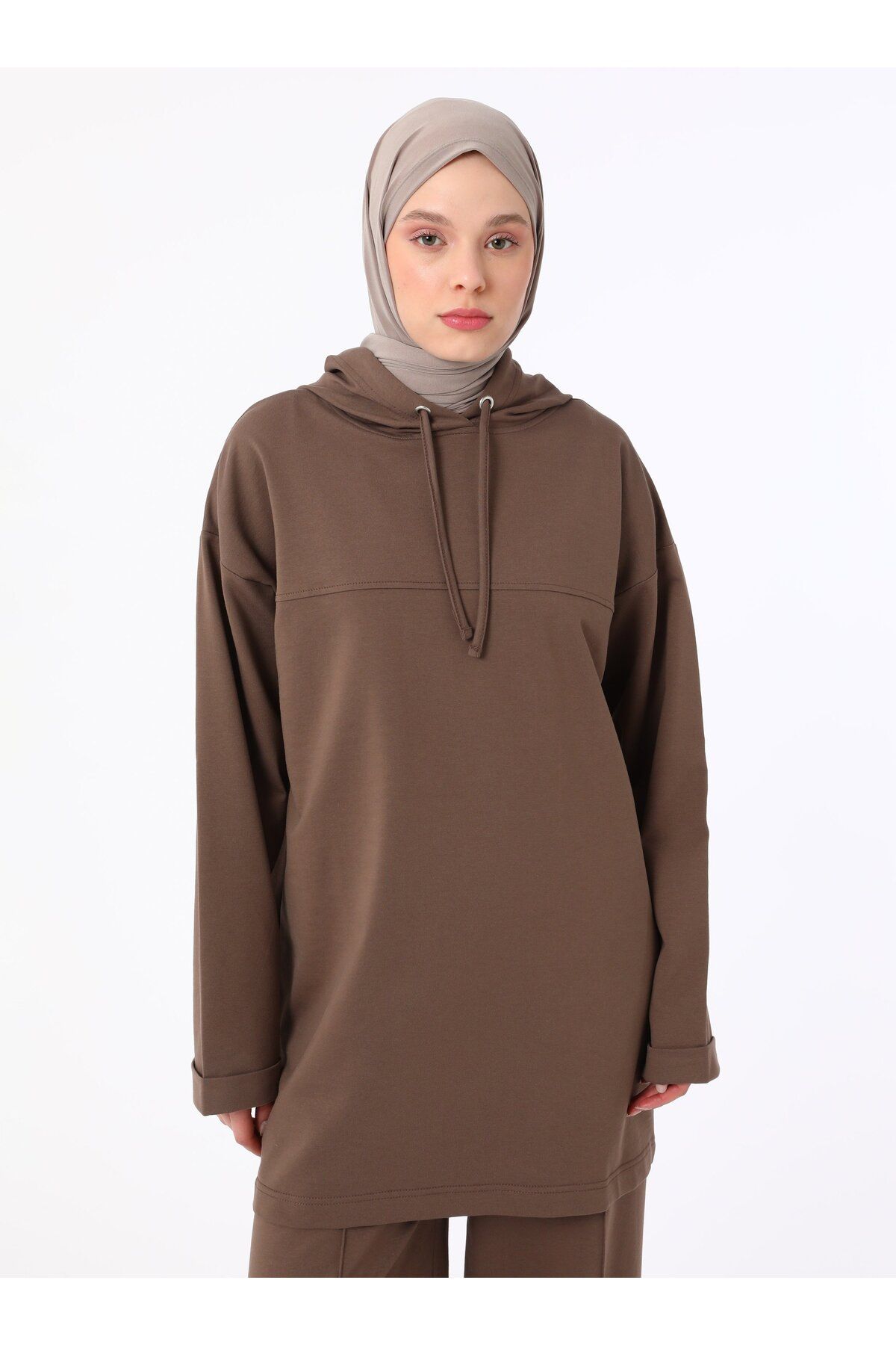 Refka-Hooded Tracksuit Set with Stitching Detail - Bitter Brown - Basic 5