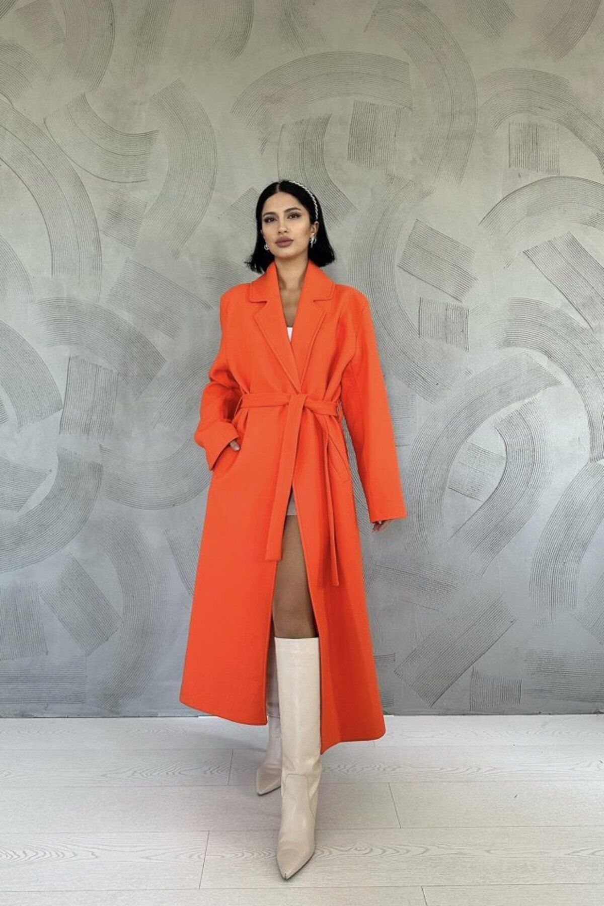 fh fashionhere Oranj Kuşaklı Midi Kaban