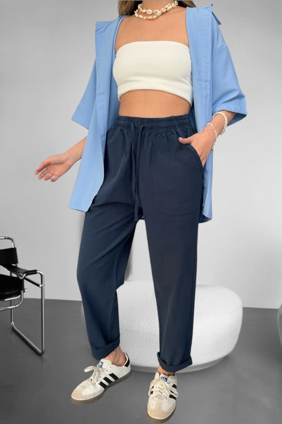 BİRBEYSTORE Keten Pantolon Hambez Alt Eşofman Rahat Kalıp Büyük Beden Ham bez Unisex Relaxed (Lacivert) görsel 2