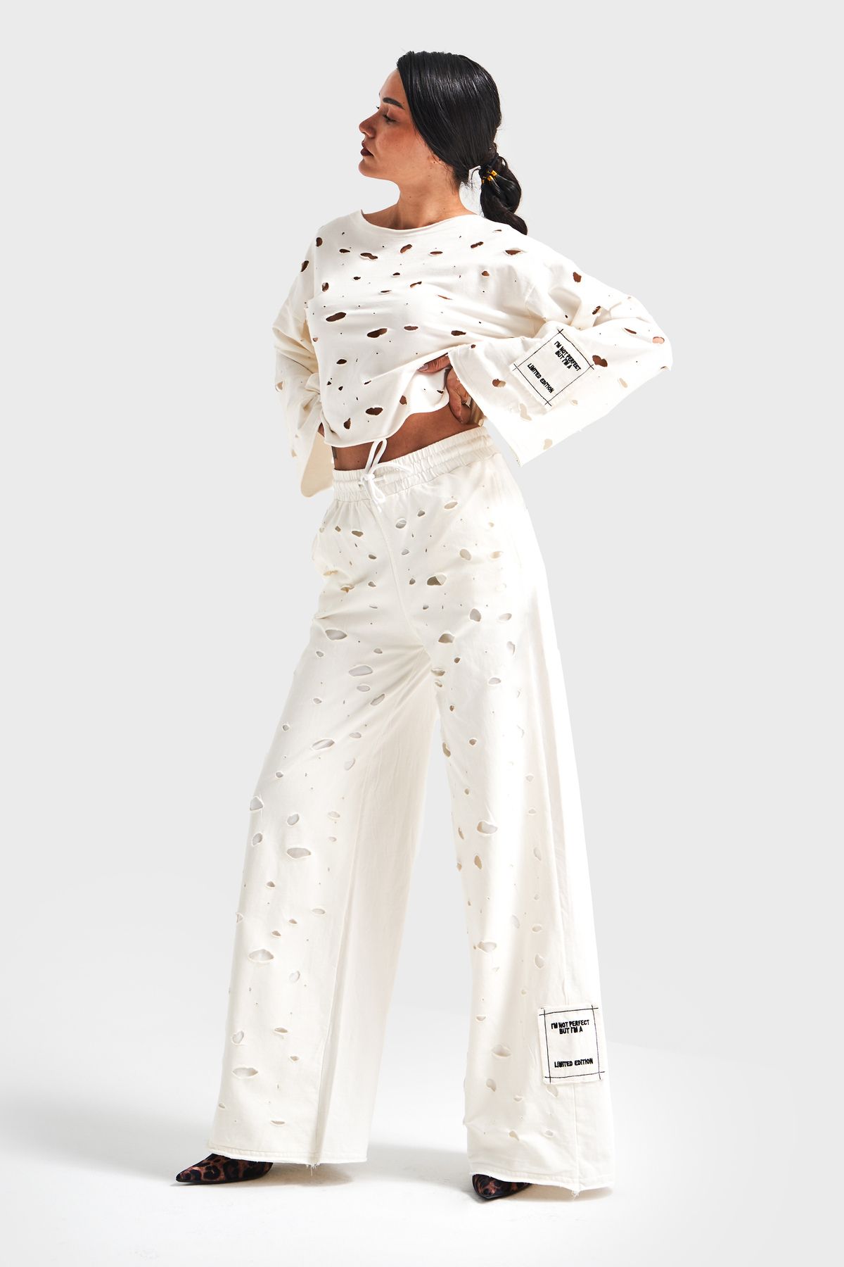 its basic-Women's Ecru Color Palazzo Fit Ripped Detailed Knitted Fabric Design Trousers 4