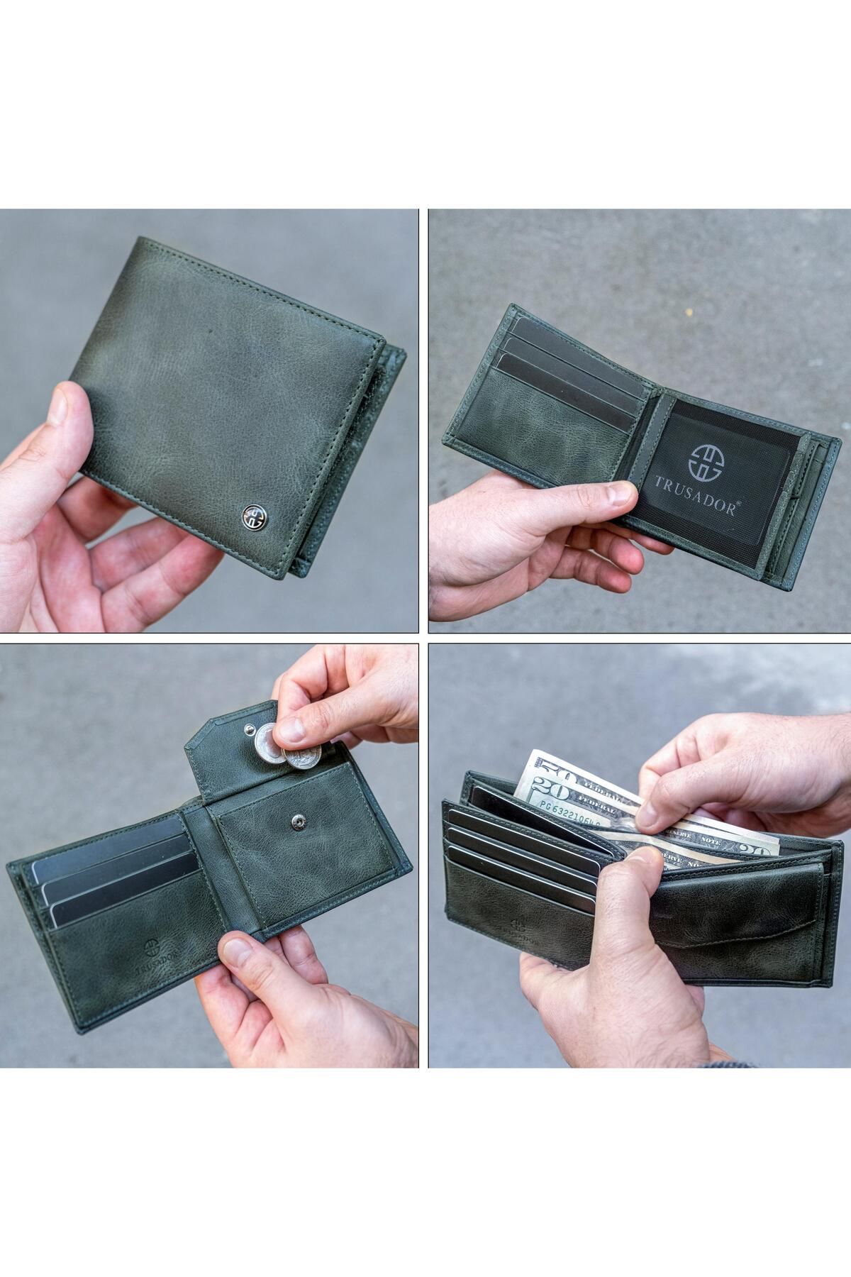 کیف پول مردانه سکه های اعتباری سبز کلاسیک TREVISO واقعی چرم RFID هدیه محافظت شده Trusador