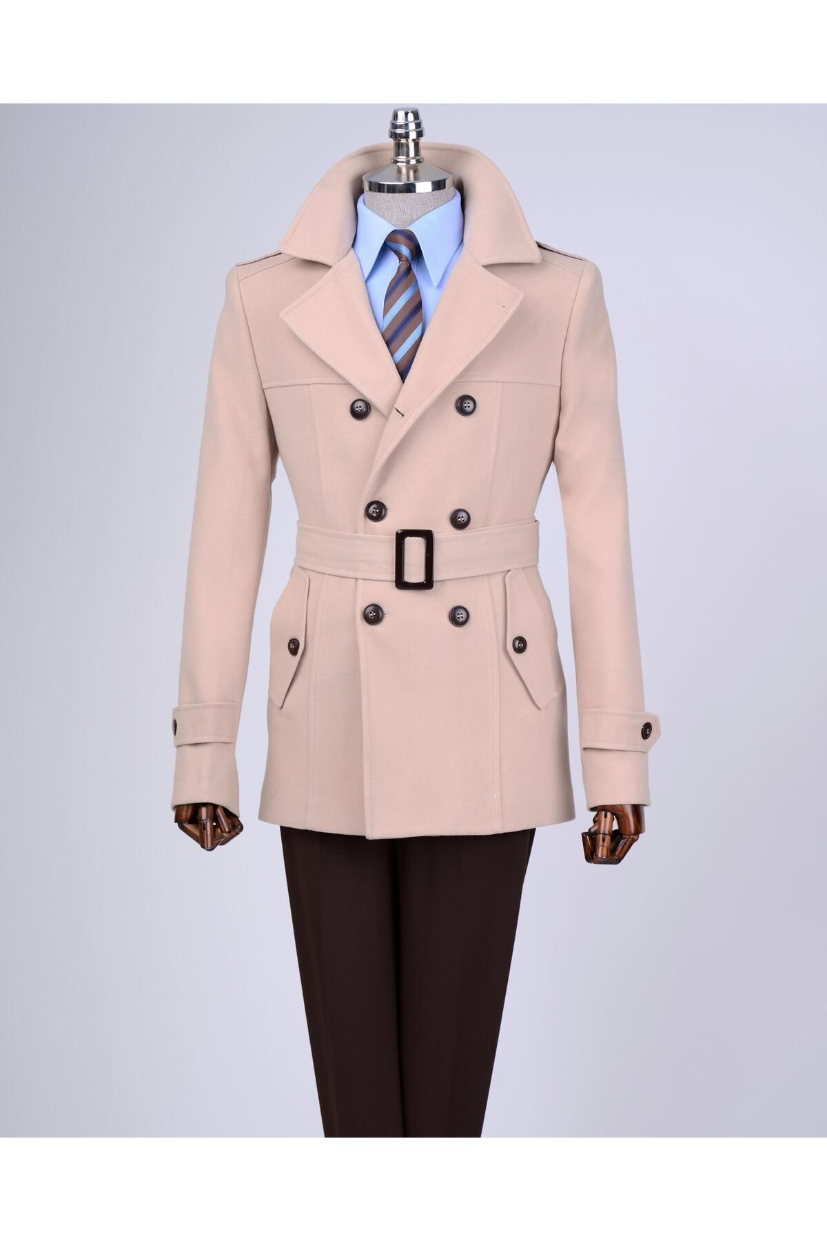 TerziAdemAltun-Men's Italian Style Beige Short Stamp Trench Coat Coat - T13324 4