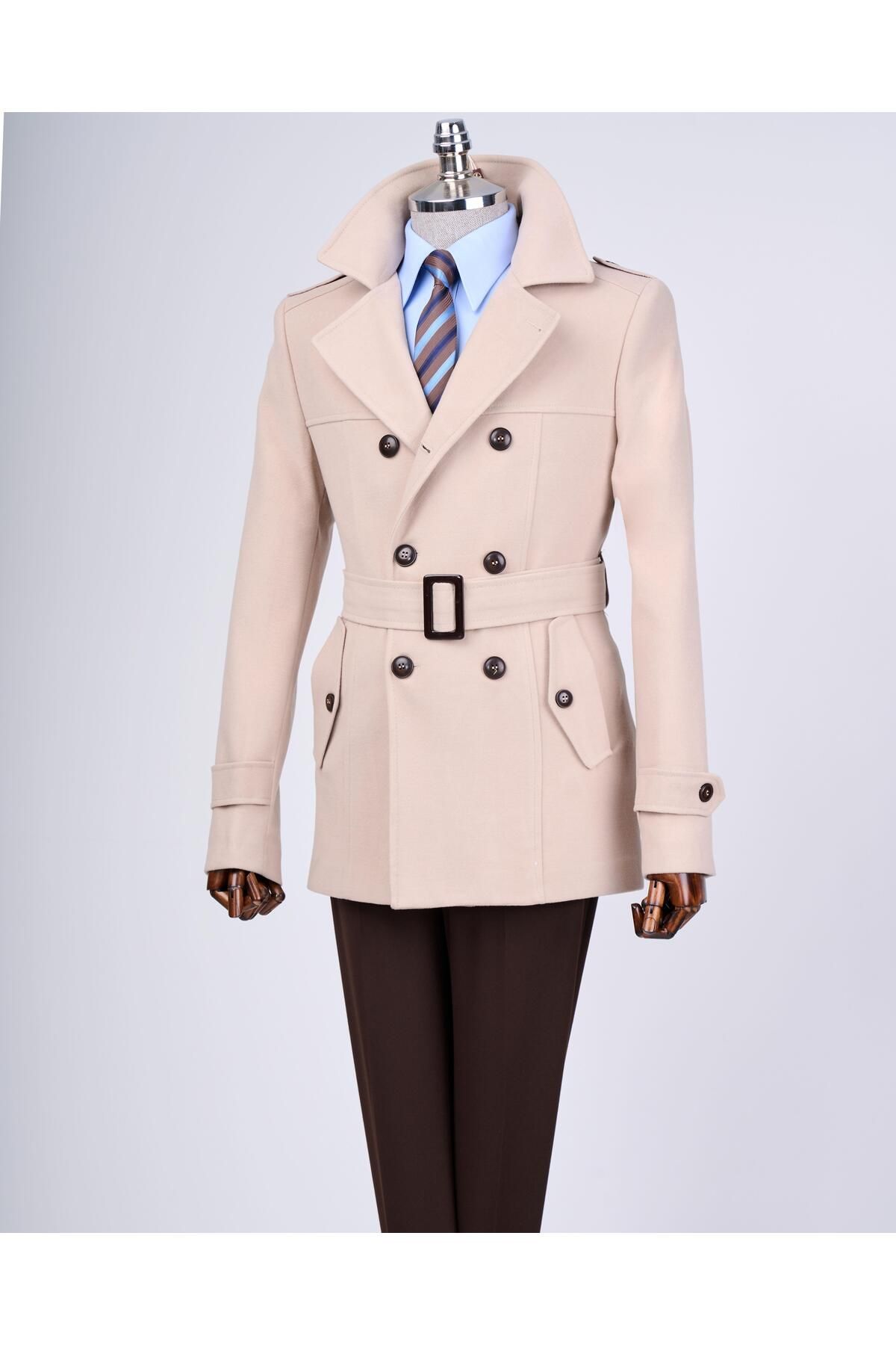 TerziAdemAltun-Men's Italian Style Beige Short Stamp Trench Coat Coat - T13324 1