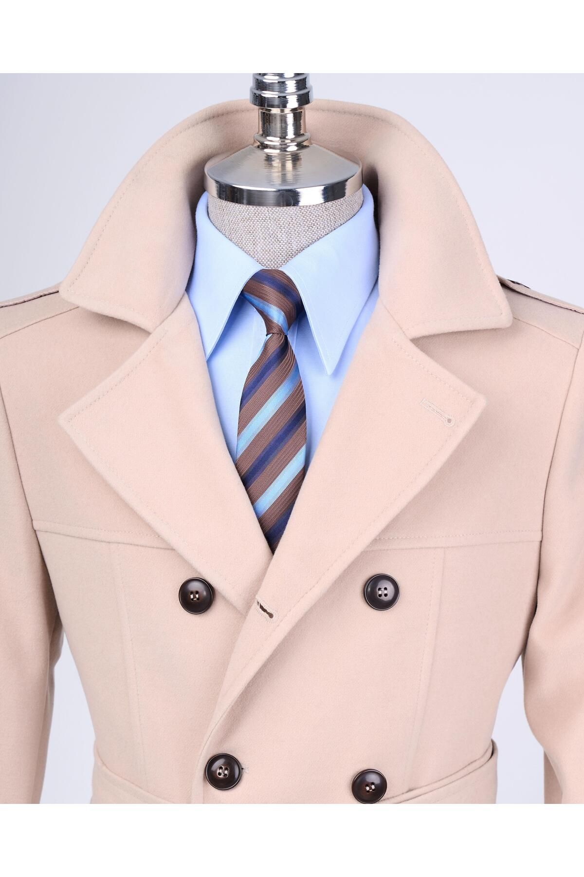 TerziAdemAltun-Men's Italian Style Beige Short Stamp Trench Coat Coat - T13324 2