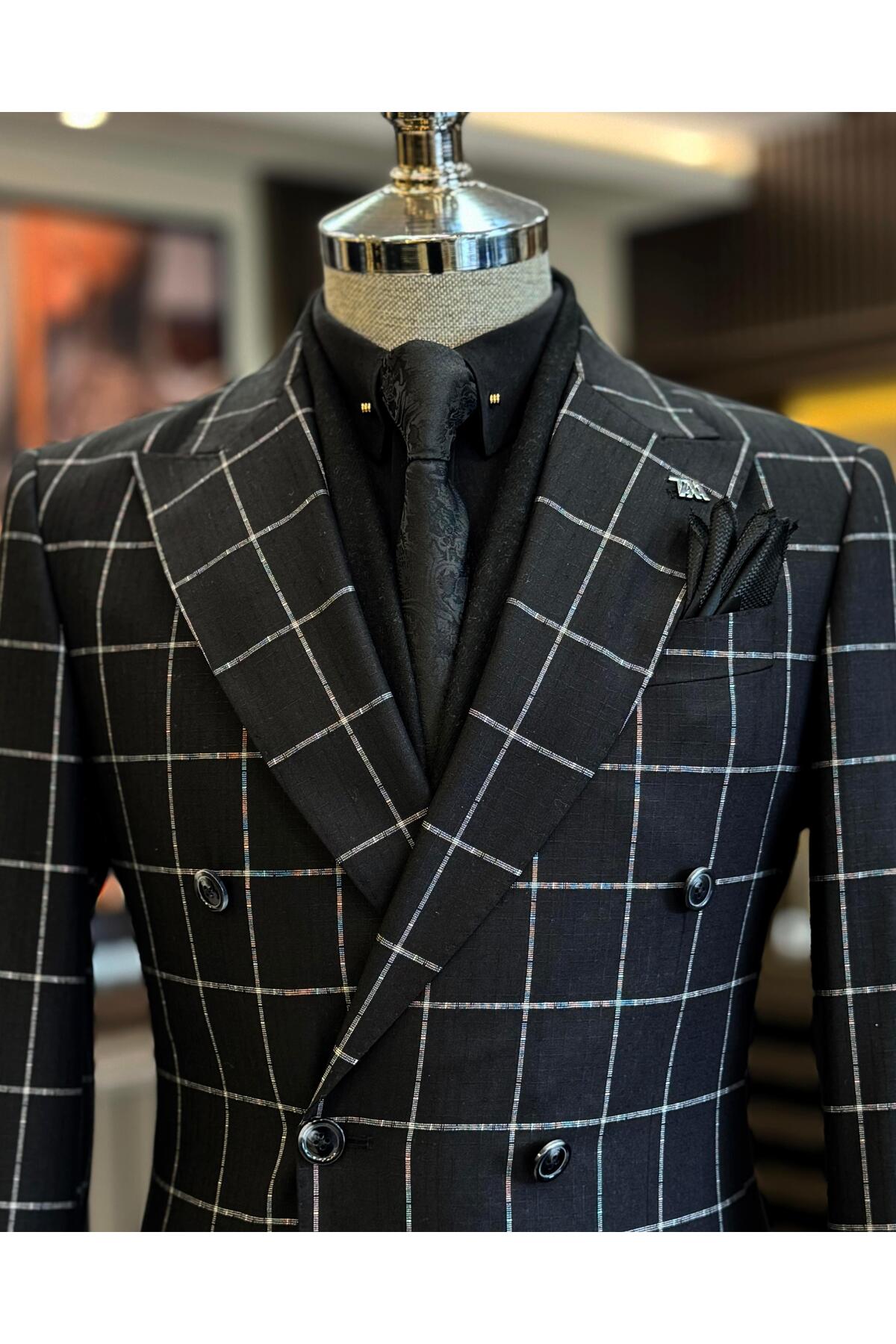TerziAdemAltun İtalyan stil slim fit ekose kruvaze erkek tek ceket siyah T12895 görsel 2