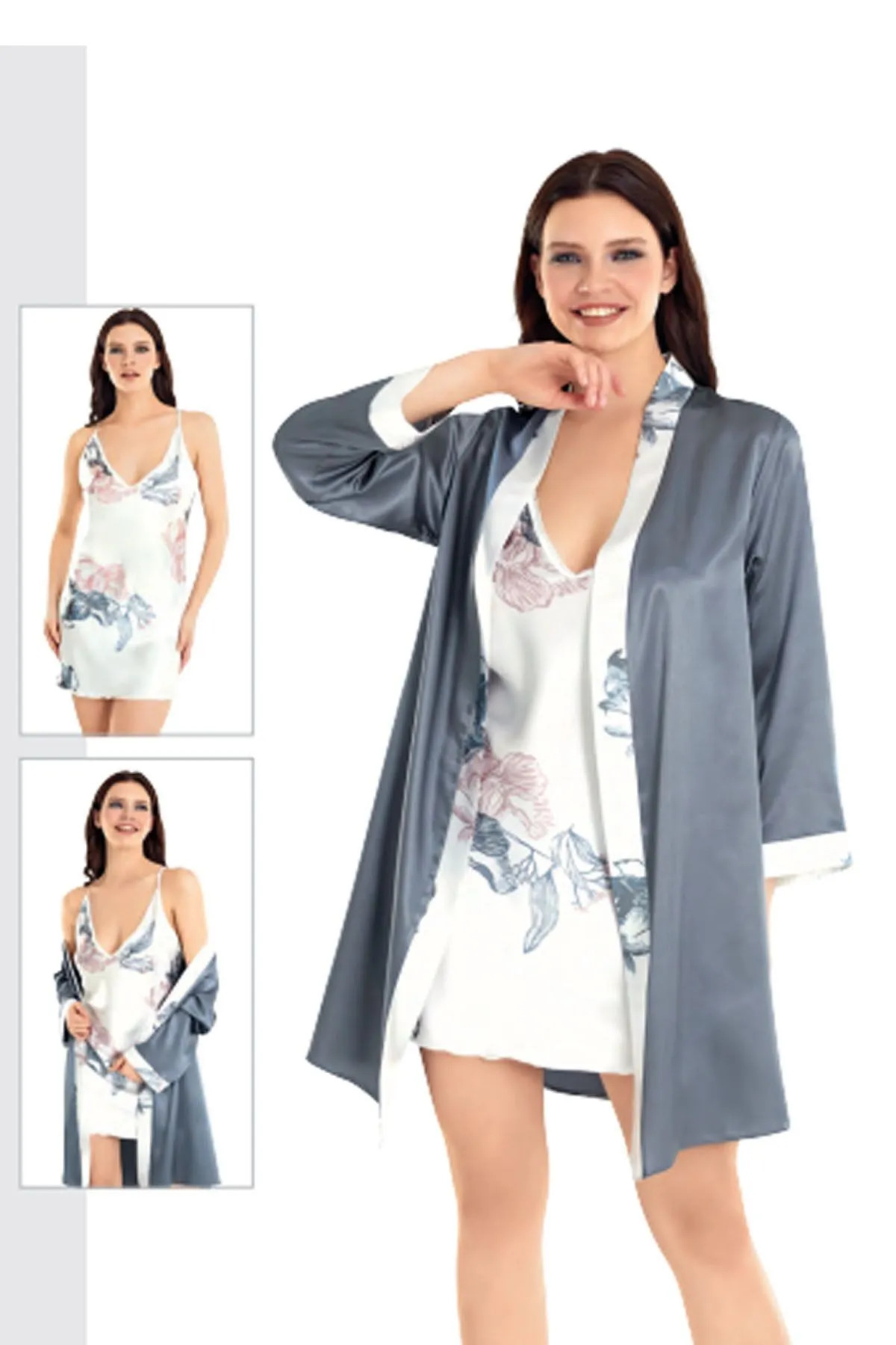 NightLove Kadın Sabahlıklı Kısa Saten Gecelik Takımı - 730