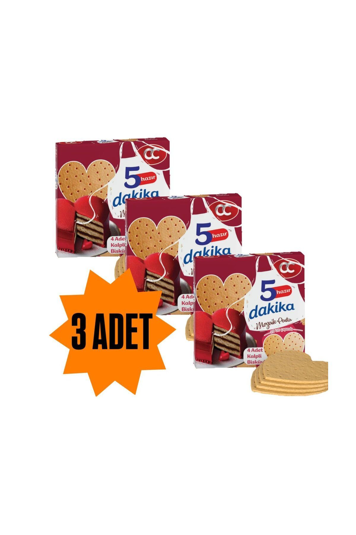 CC 5 Dakika Mozaik Pasta 3 Adet Kalp Şekilli 5 Dakika Hazır Mozaik Pasta - 20 cm Çapında 4 Kat Pasta Tabanı Bisküvisi