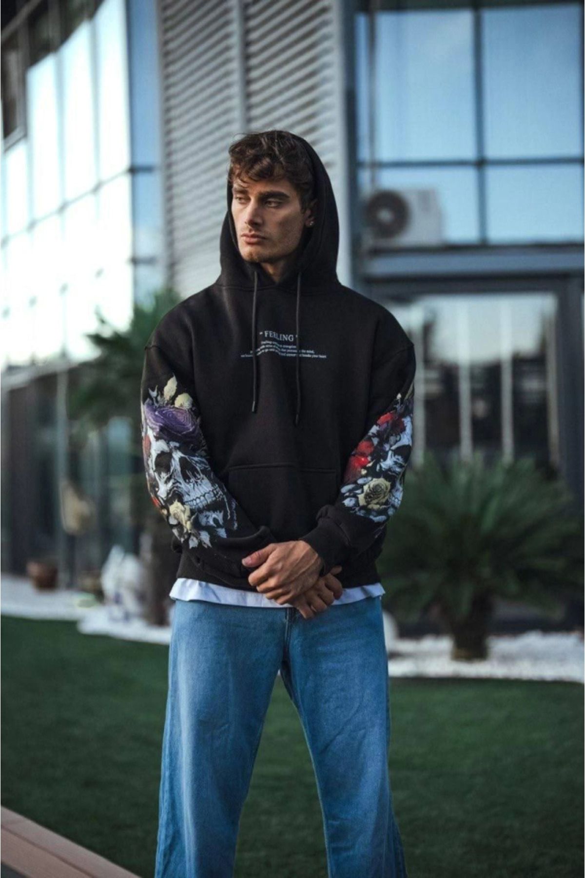 jupiter global bazaar Kuru Kafa Baskılı Kapşonlu Sweatshirt - Siyah