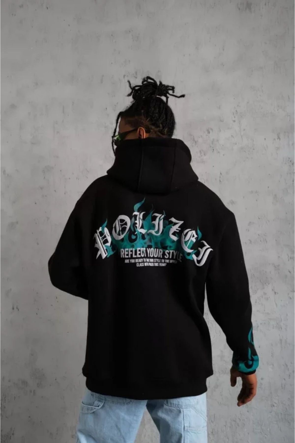 Grip Hug &Hug Erkek Üç İplik İçi Pamuklu Alev Baskılı Kapüşonlu Sweatshirt - Siyah