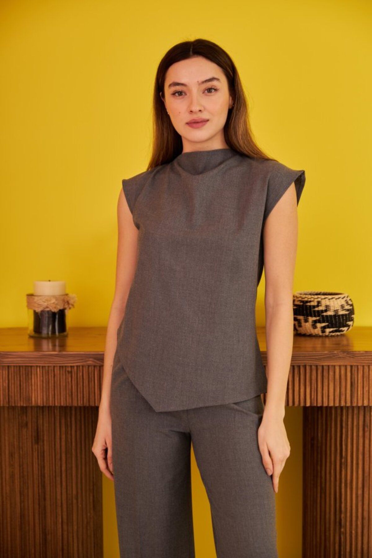 fh fashionhere Gri Sıfır Kol Düğmeli Gömlek Takım
