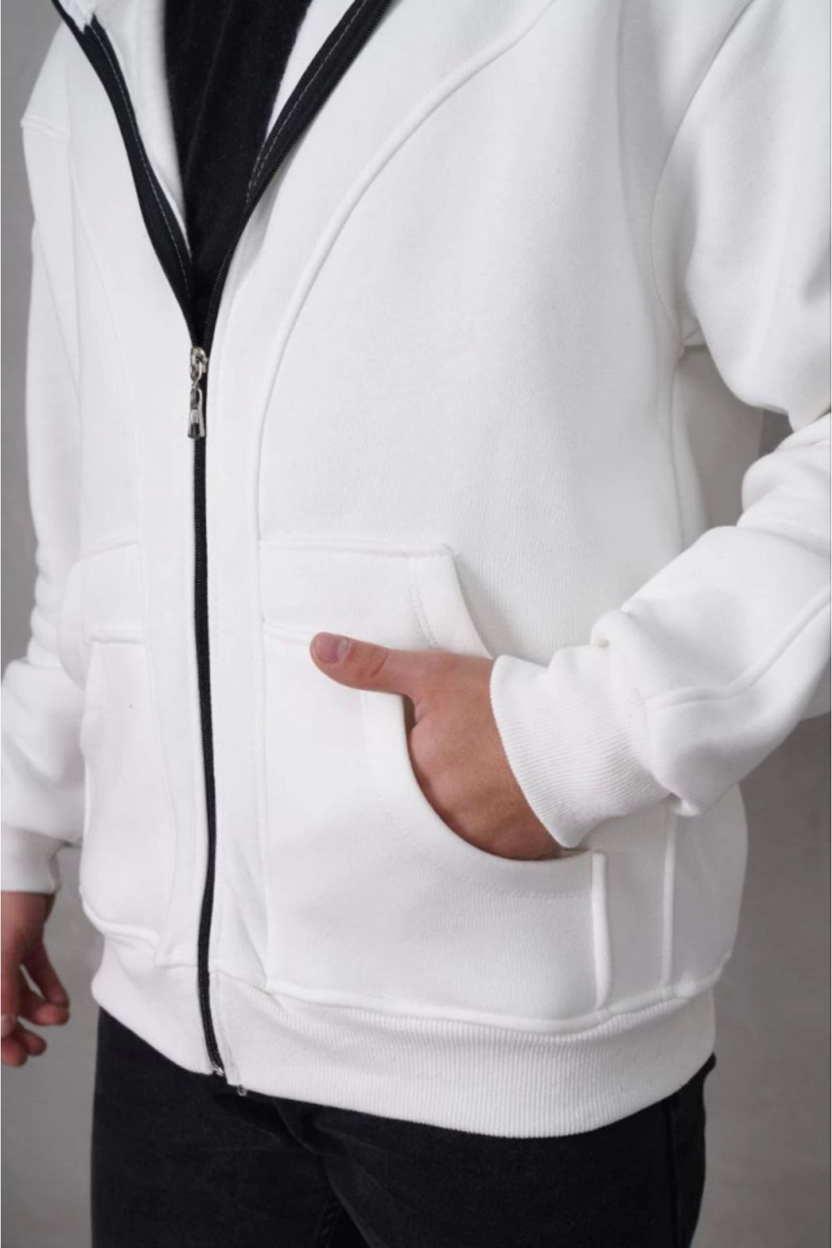 Butik Aura Mou Samuray Kapşonlu ZIP Fermuarlı Çift Kapşonlu Nakışlı SweatShirt- Beyaz