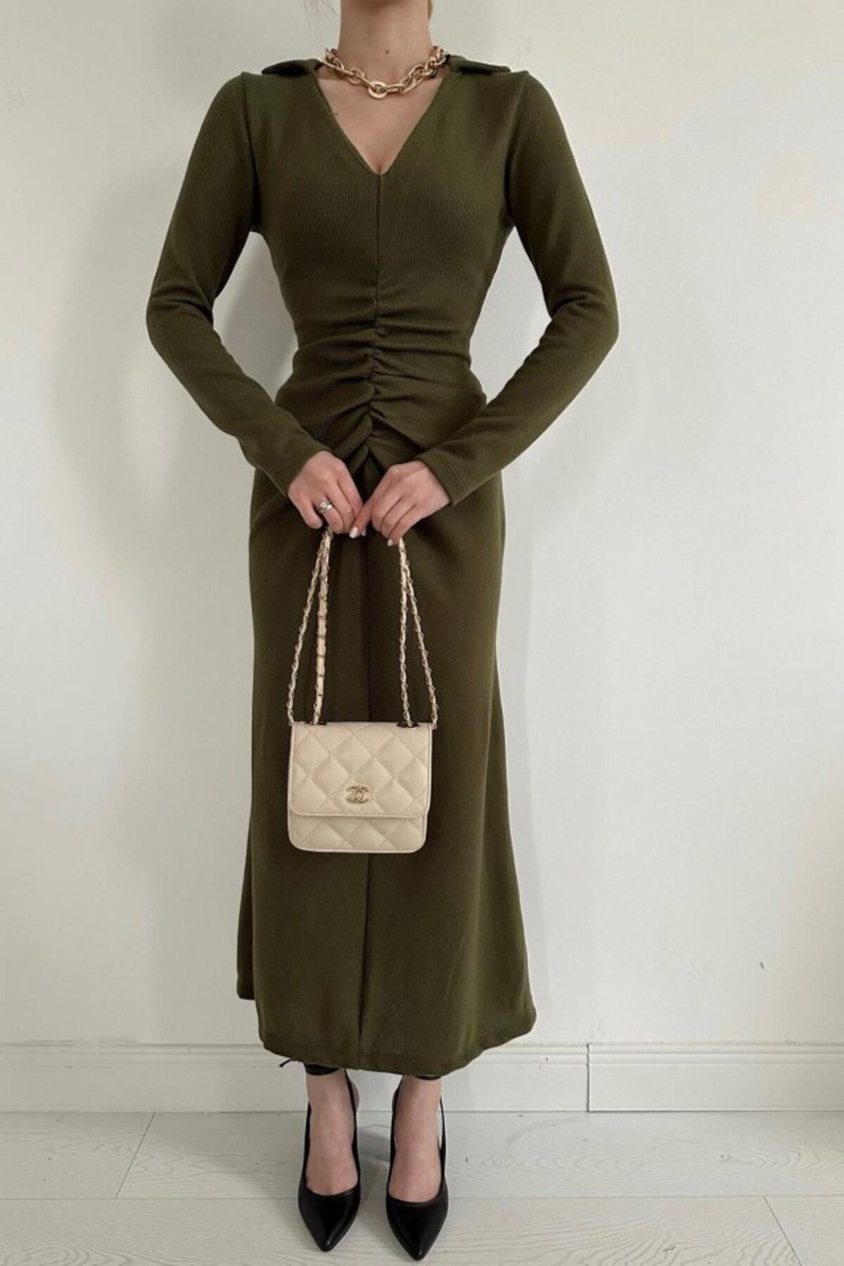 leyla sanat sanata yeni bir bakış açısı-Leyla a New Perspective on Art Art Khaki Shirring Knitwear Fish Dress 7