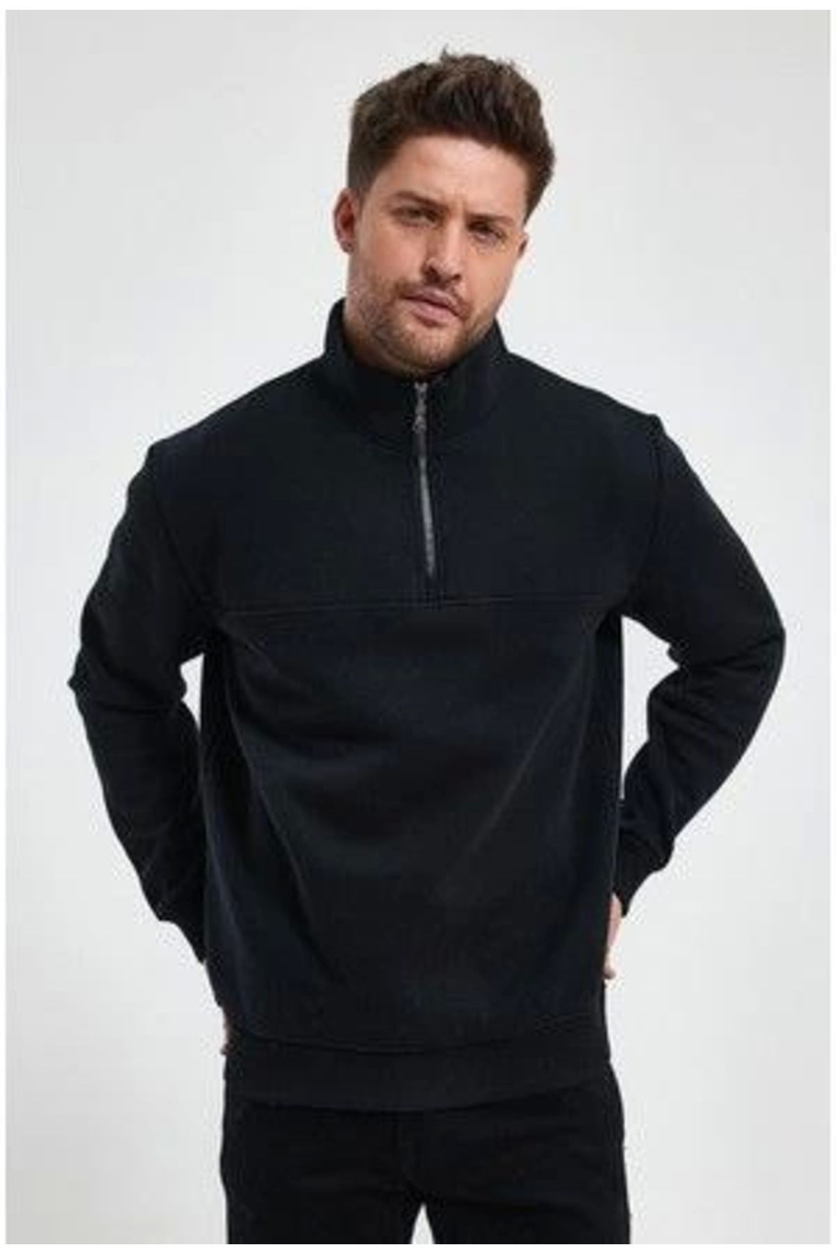 Melenza Oversize Yarım Farmuarlı Yakalı Basic SweatShirt - Siyah