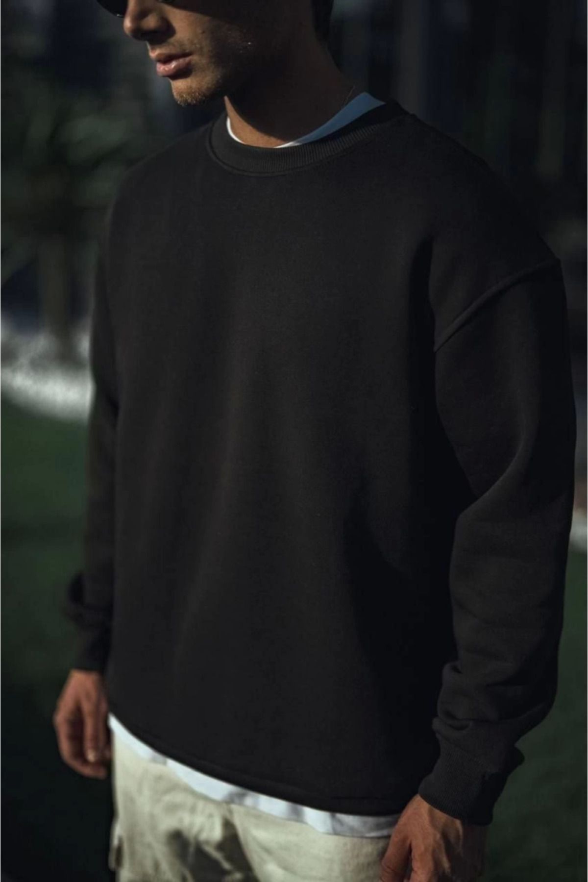 Melenza Kışlık Bisiklet Yaka Üç İplik Basic SweatShirt - Siyah