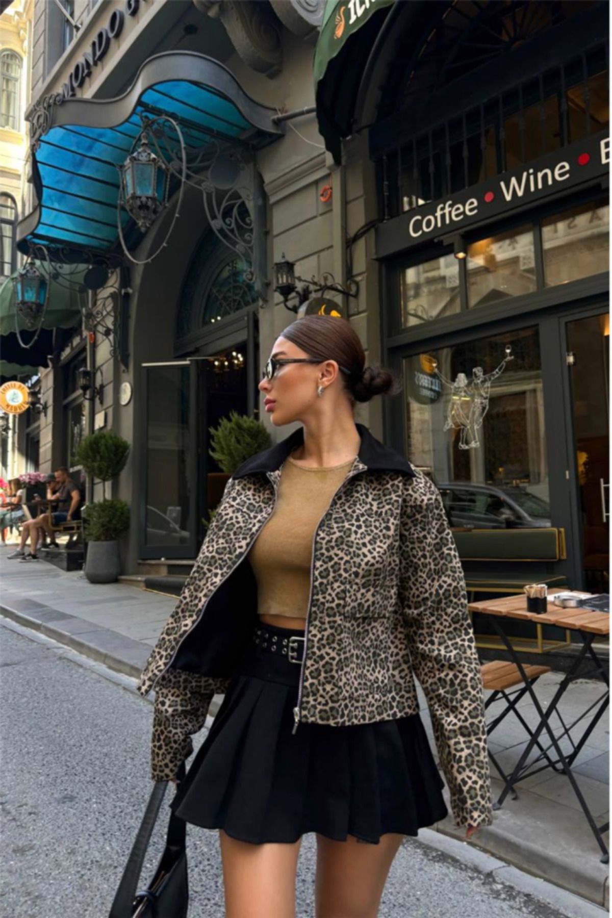 novafems LEOPAR DESEN CROP CEKET GABARDİN - Leopar