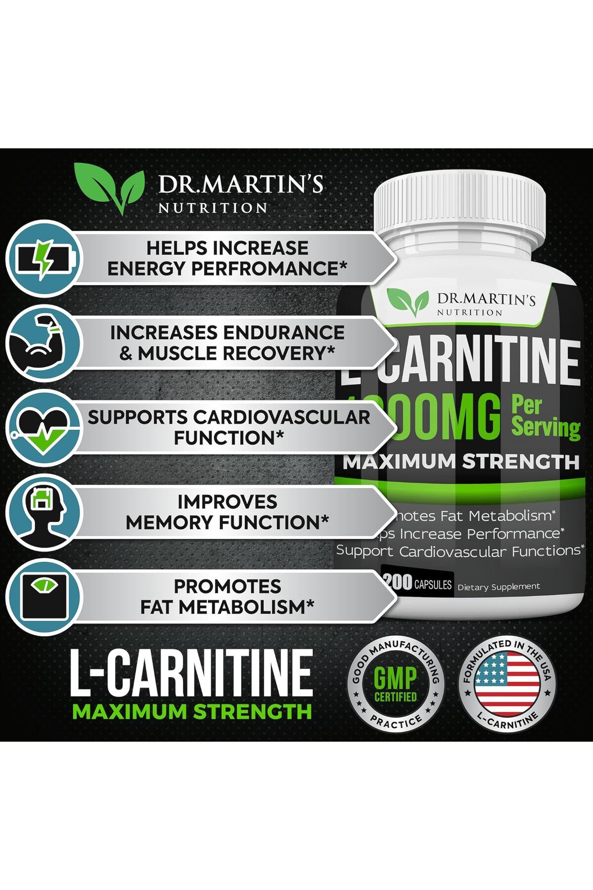 Dr MARTİN-DR. MARTIN'S NUTRITION Extra Strength L-Carnitine - 200 Capsules 1000mg Per Serving 3