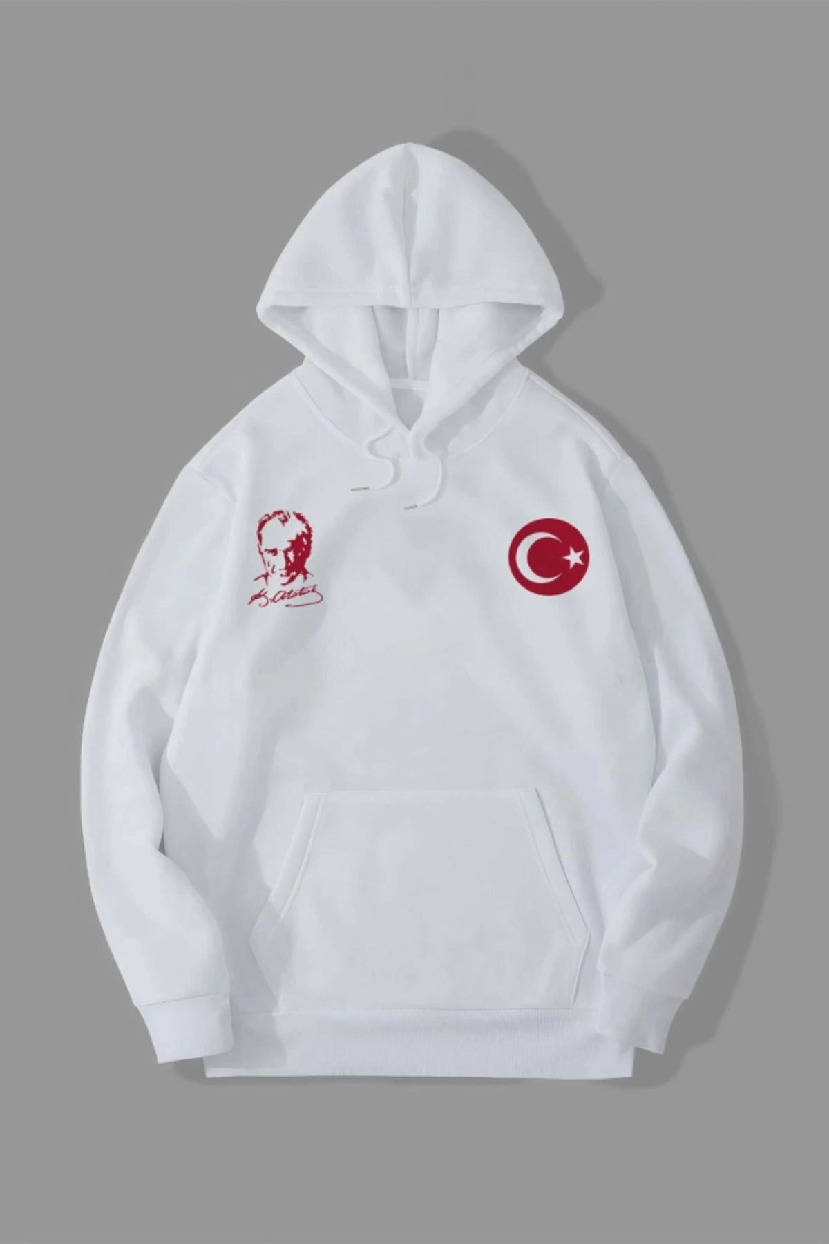 GE TİCARET 10 Kasıma Özel Üç İplik Kapşonlu Baskılı SweatShirt - Beyaz