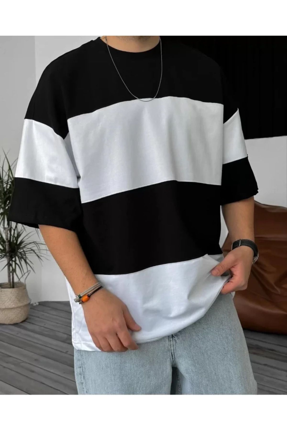 Asap Unisex Bisiklet Yaka Parçalı T-Shirt - Siyah