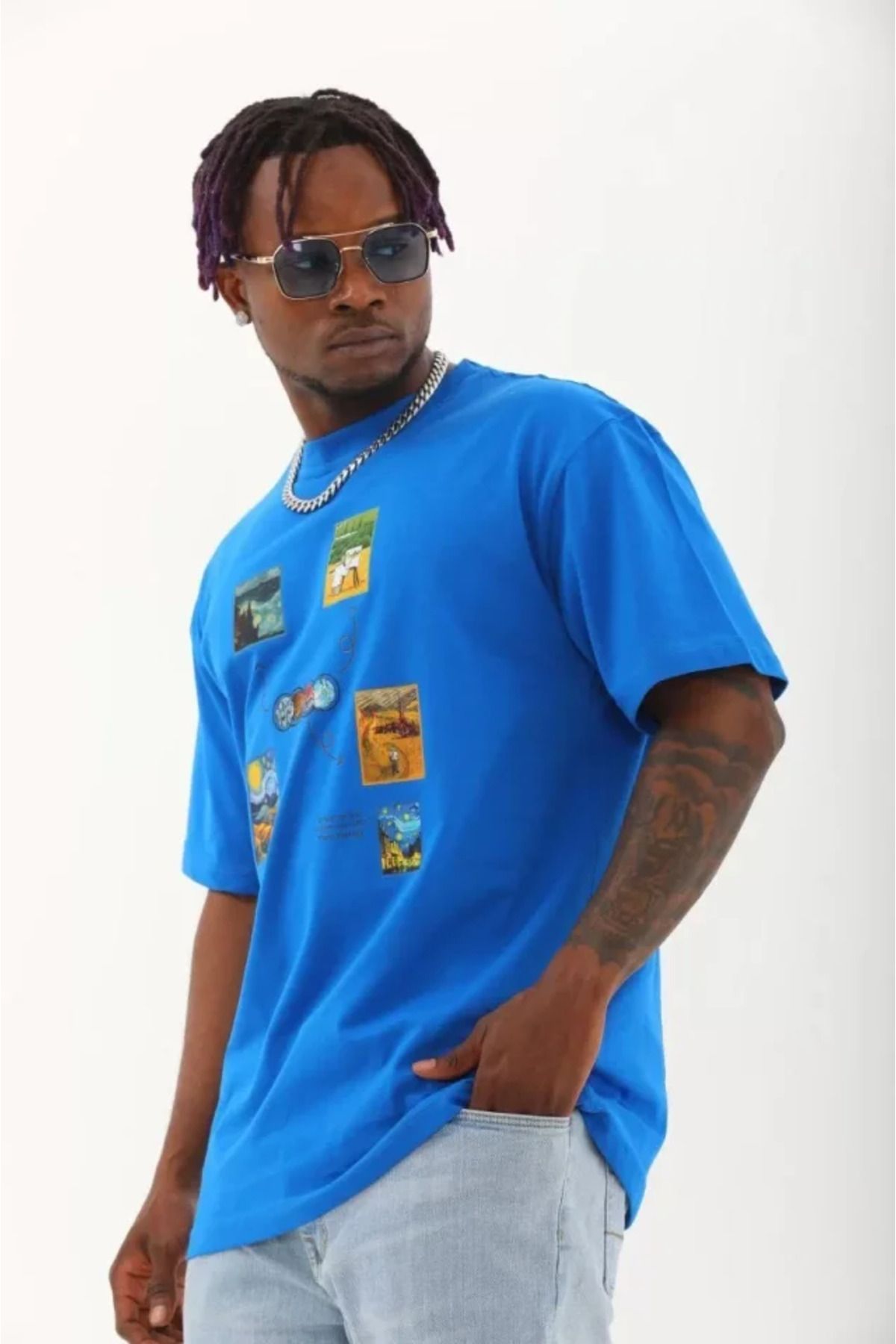 MyTerrax Unisex Oversize Baskılı Bisiklet Yaka T-Shirt - Mavi