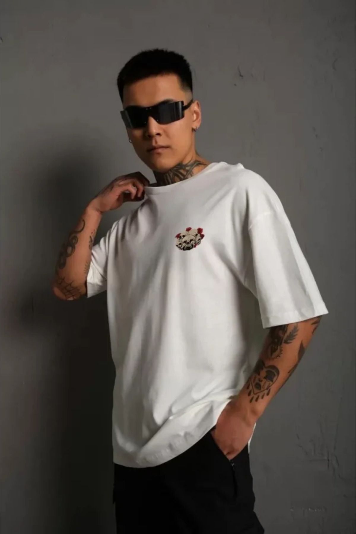 Asap Unisex Bisiklet Yaka Baskılı Oversize T-Shirt - Beyaz