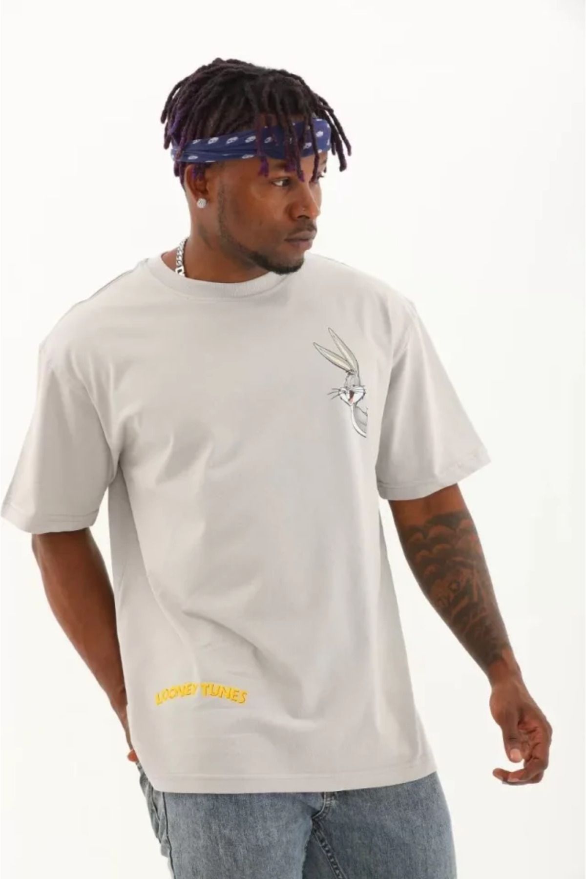 HİGUERA Unisex Oversize Baskılı Bisiklet Yaka T-Shirt - Gri