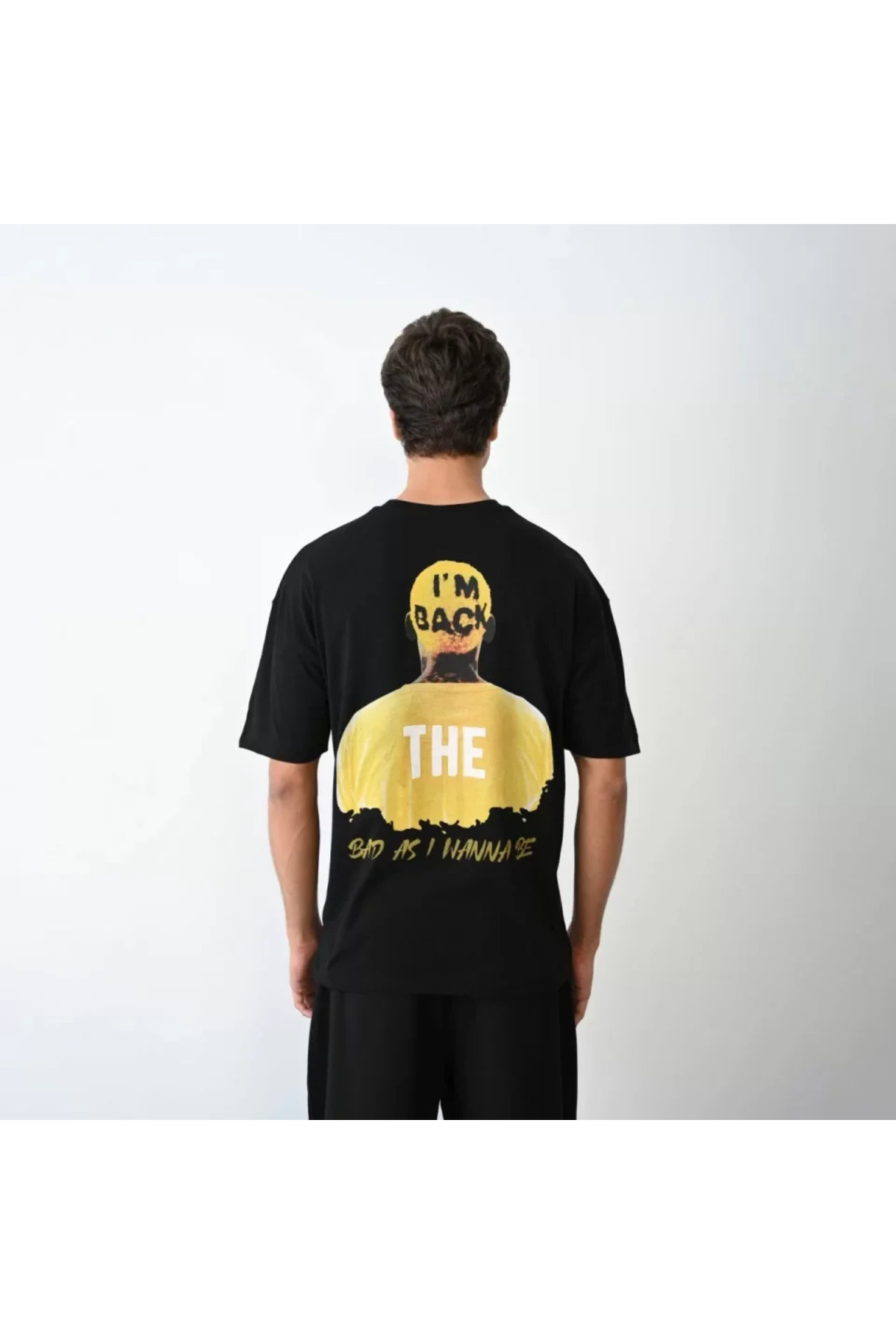 Unisex Bisiklet Yaka Baskılı Oversize T-Shirt - Siyah