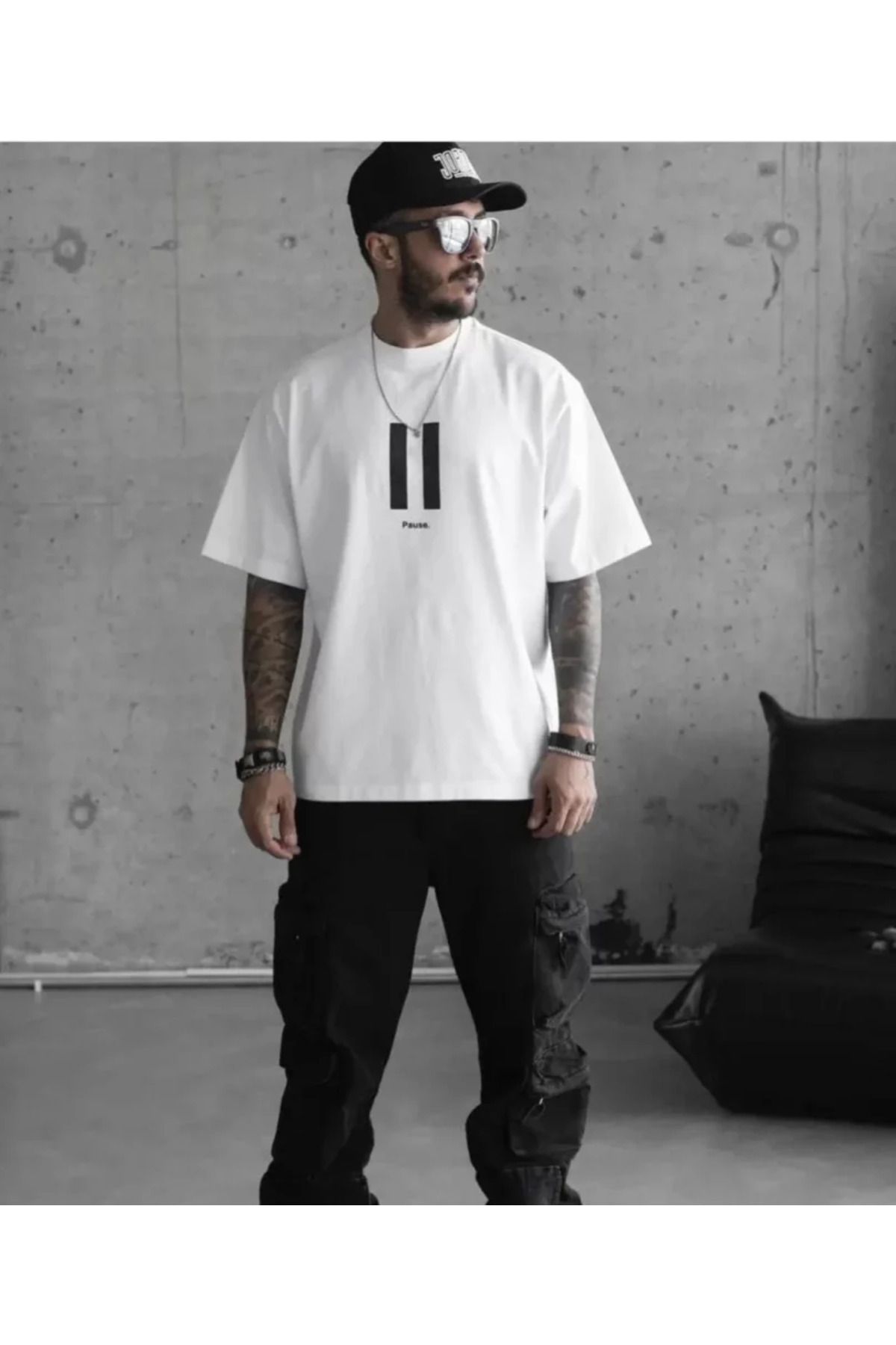 Grip Hug &Hug Unisex Bisiklet Yaka Baskılı Oversize T-Shirt - Beyaz