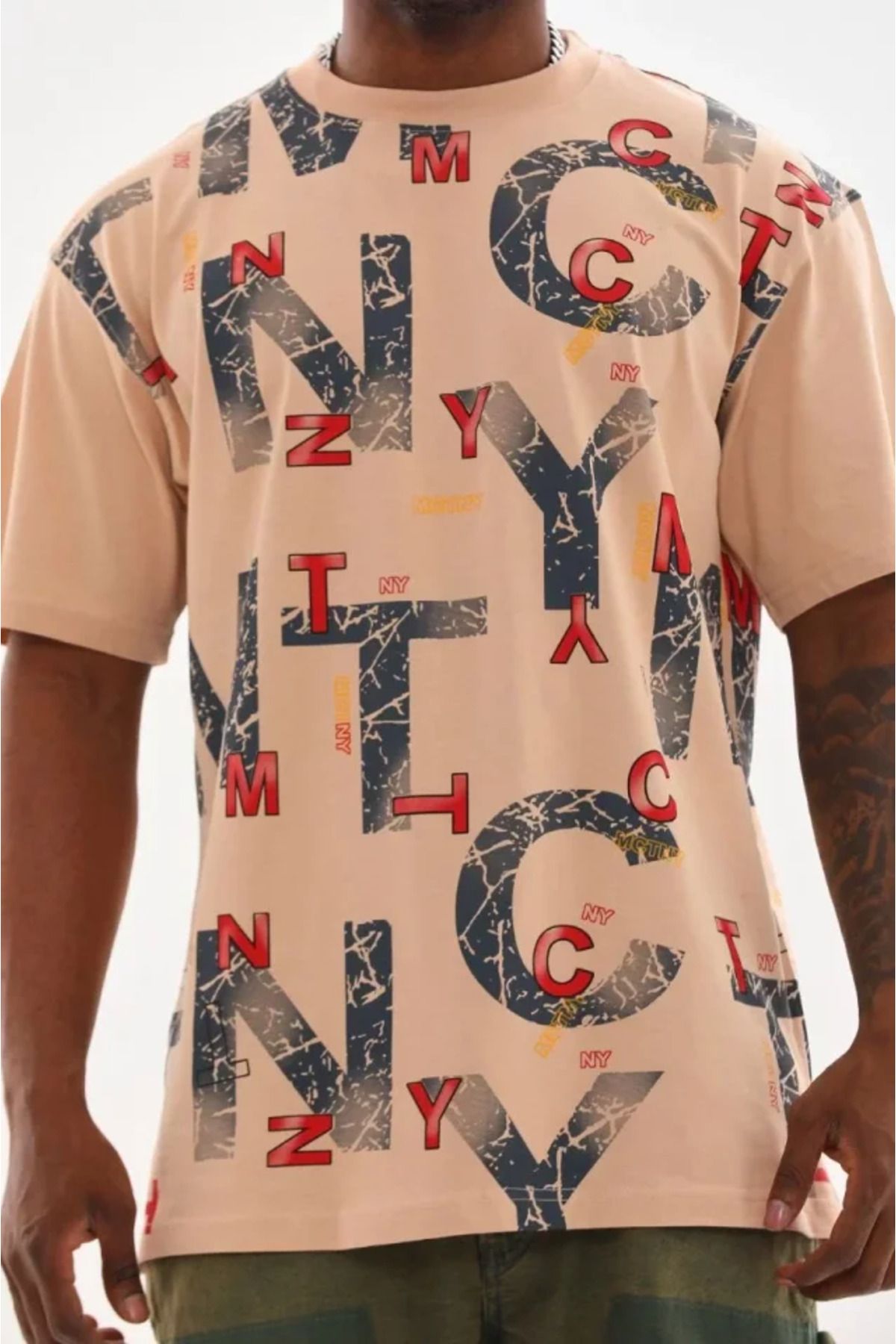 Veronika Mağazacılık Unisex Baskılı Oversize T-Shirt - Bej