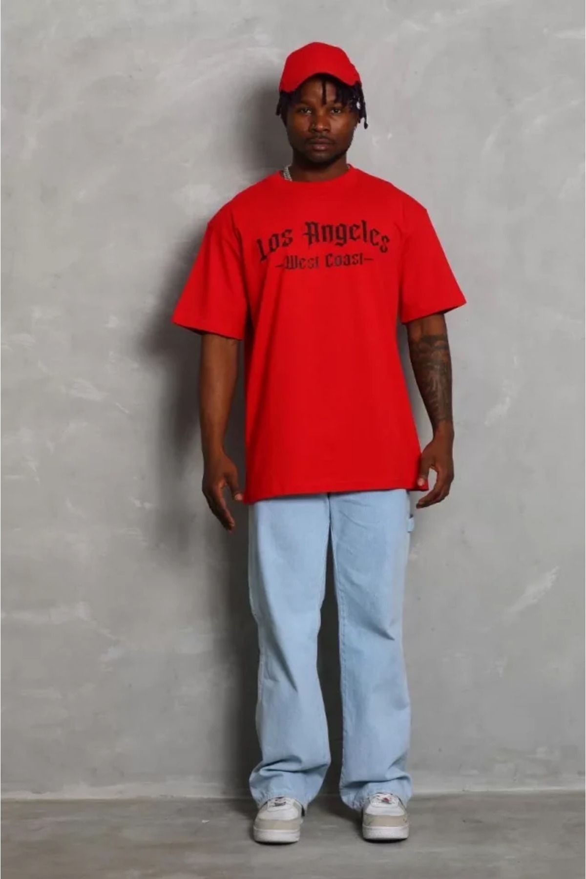 MRA Fashion Unisex Oversize Baskılı Bisiklet Yaka T-Shirt - Kırmızı