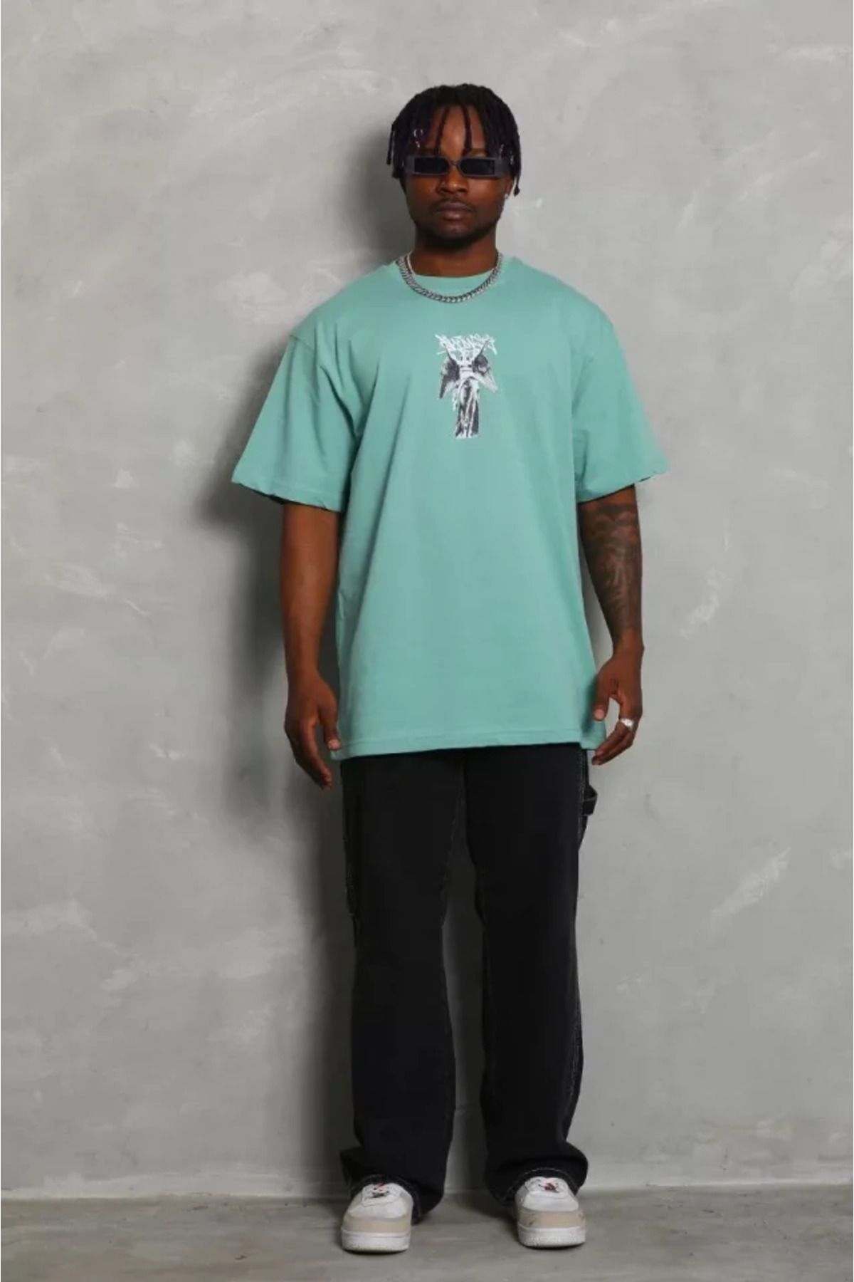 MD Kumsal Unisex Oversize Baskılı Bisiklet Yaka T-Shirt - Mint Yeşili