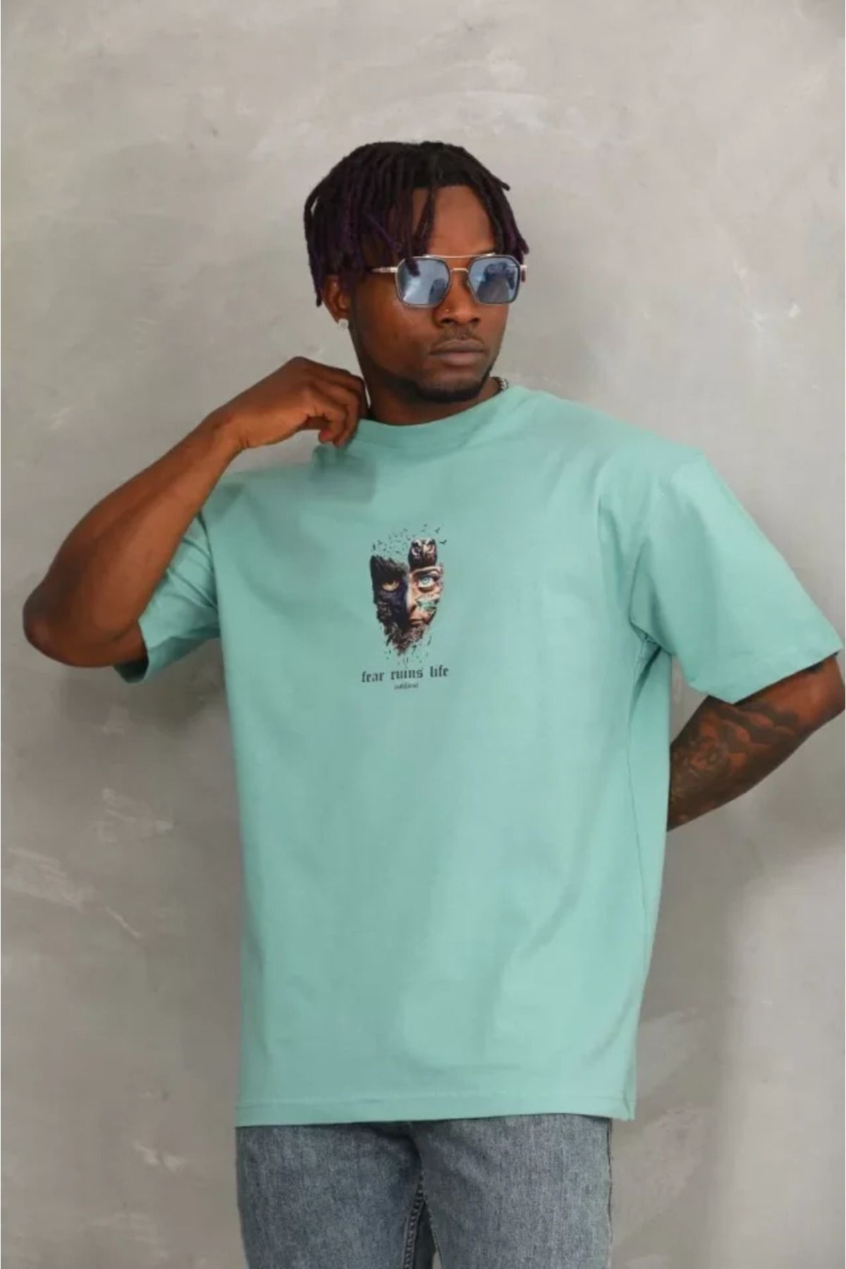 Albayrak Unisex Oversize Baskılı Bisiklet Yaka T-Shirt - Mint Yeşili