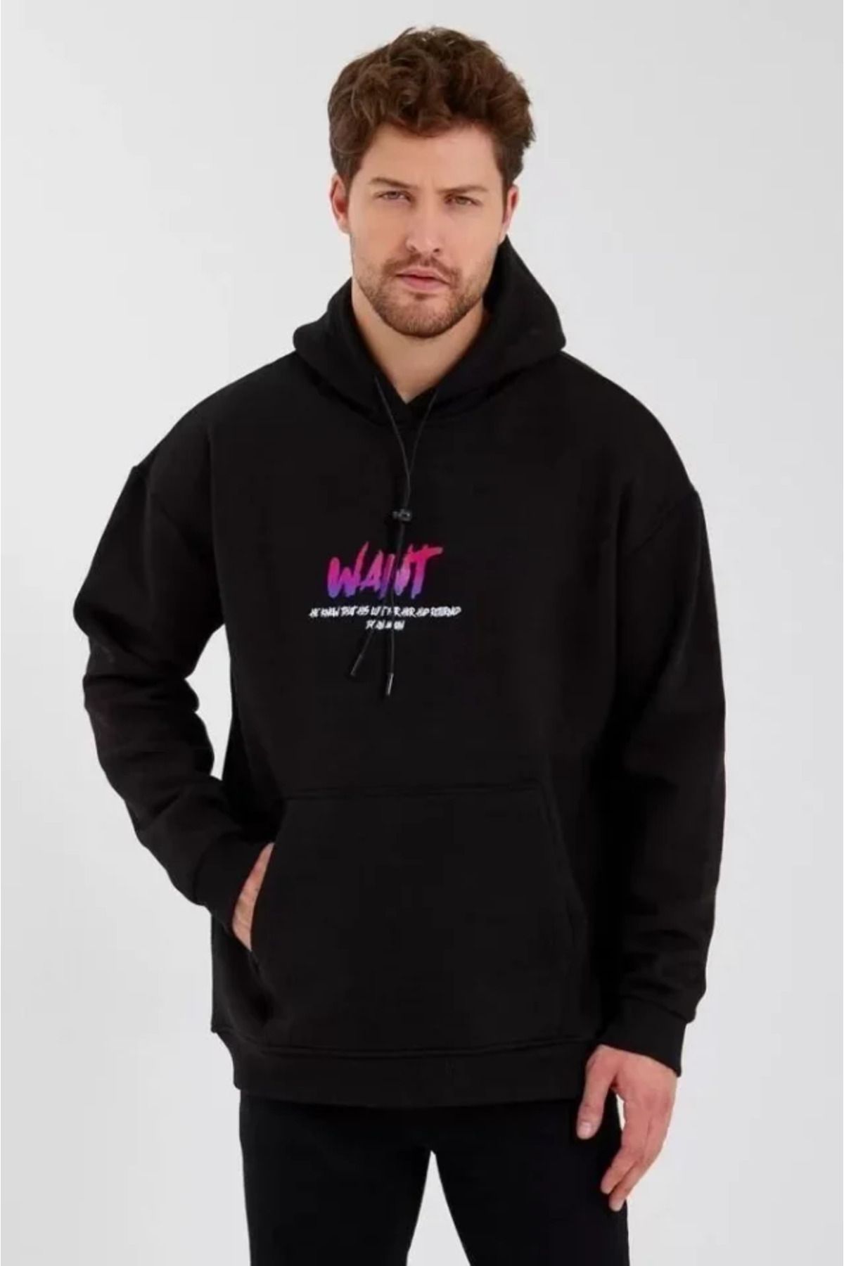 munn collection Erkek Baskılı Üç İplik Kapüşonlu Oversize Sweatshirt - Siyah