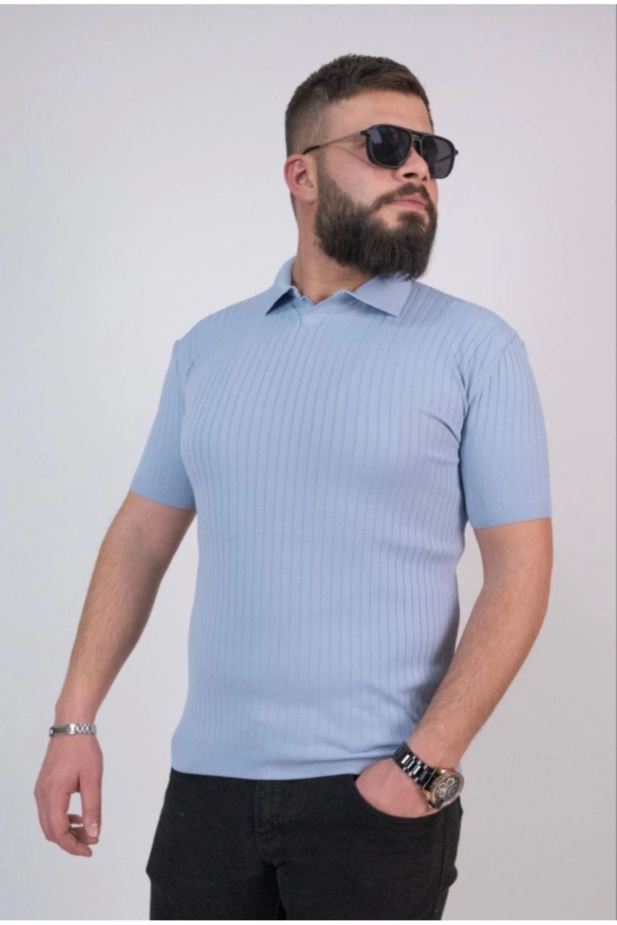 MHT STORE Triko Dokuma Yakalı T-shirt - Açık Mavi