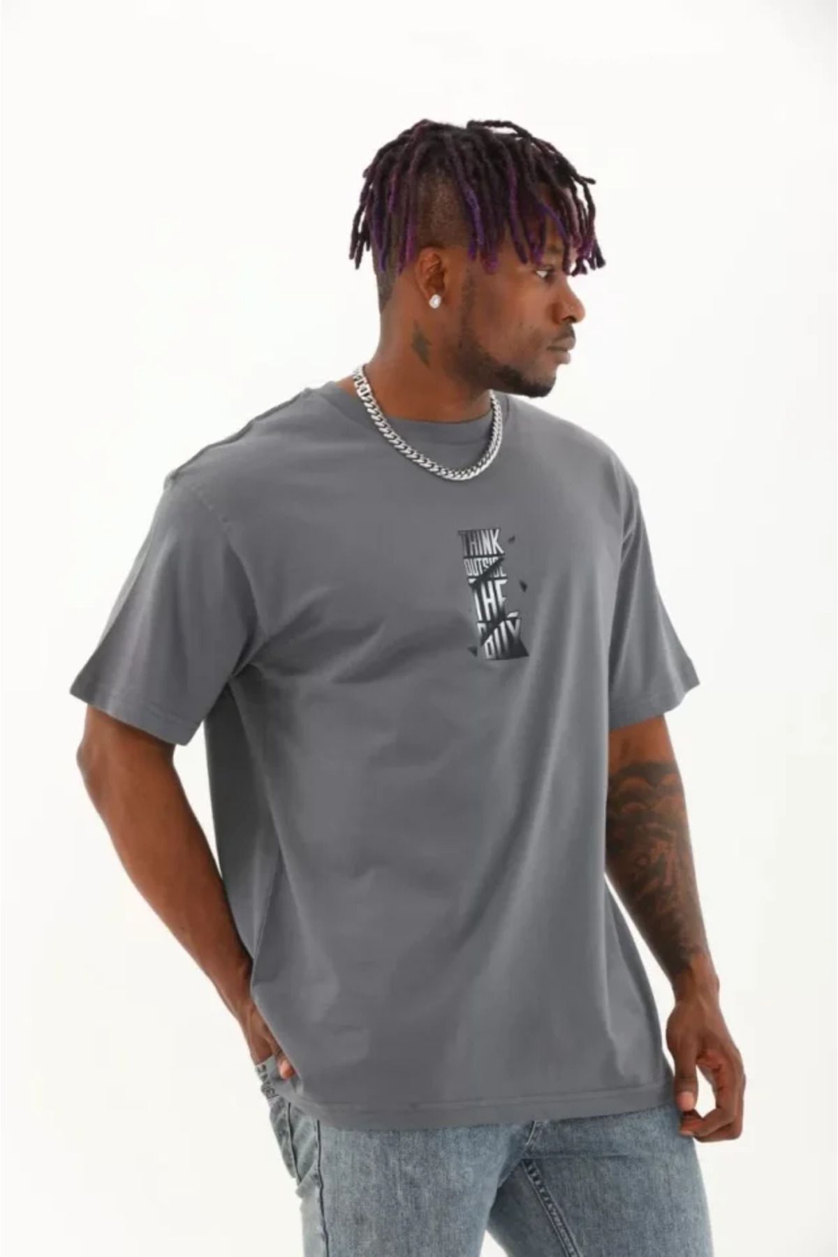 Albayrak Unisex Oversize Baskılı Bisiklet Yaka T-Shirt - Füme