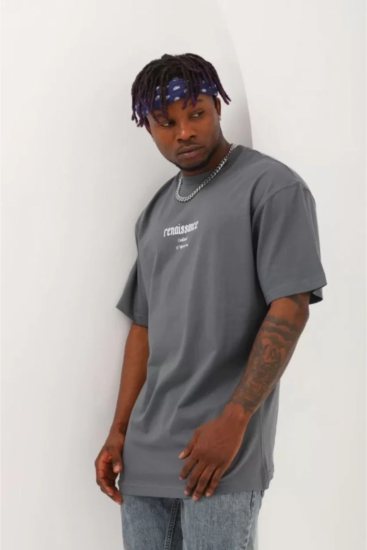 Albayrak Unisex Oversize Baskılı Bisiklet Yaka T-Shirt - Füme