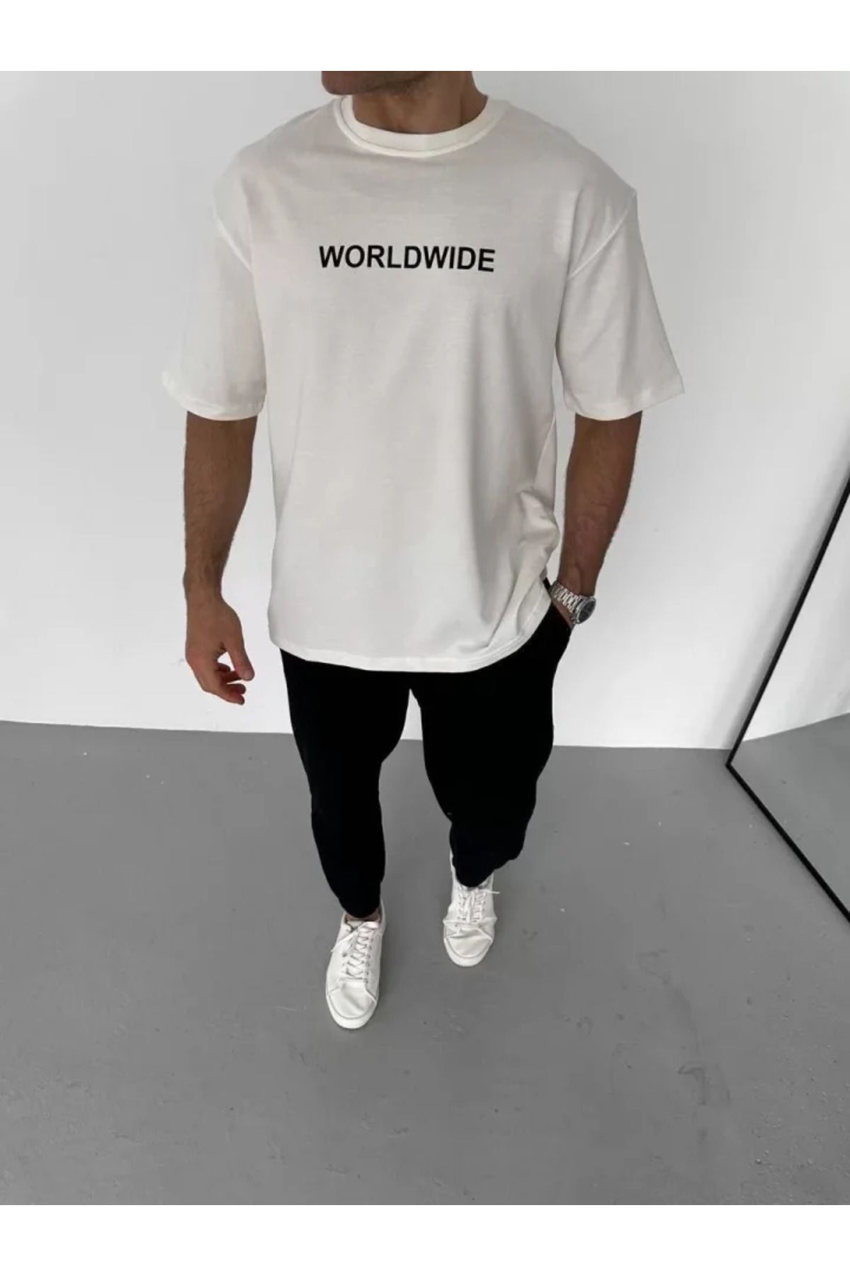 vivenza Unisex Bisiklet Yaka Baskılı Oversize T-Shirt - Beyaz