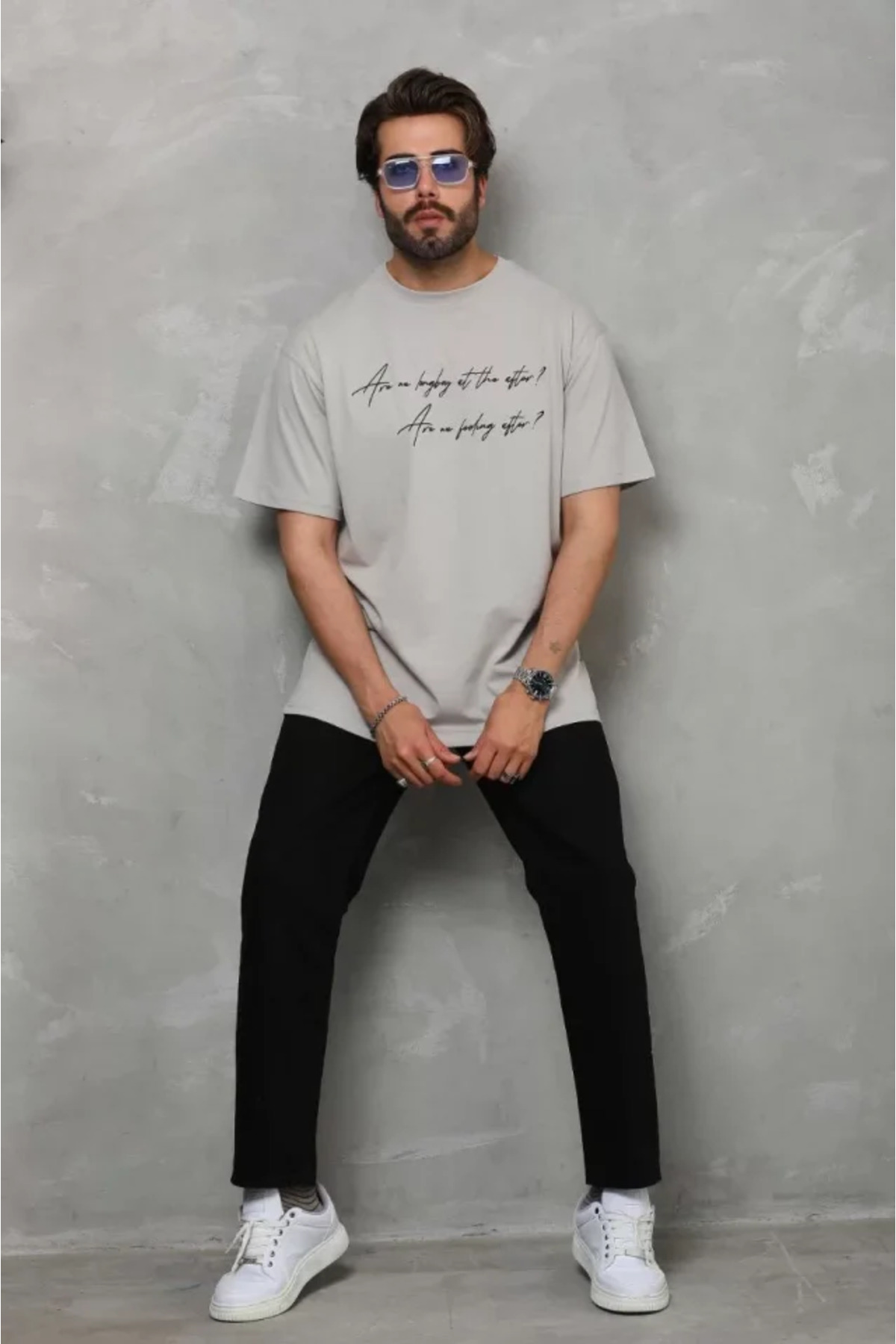 Unisex Bisiklet Yaka Baskılı Oversize T-shirt - Gri