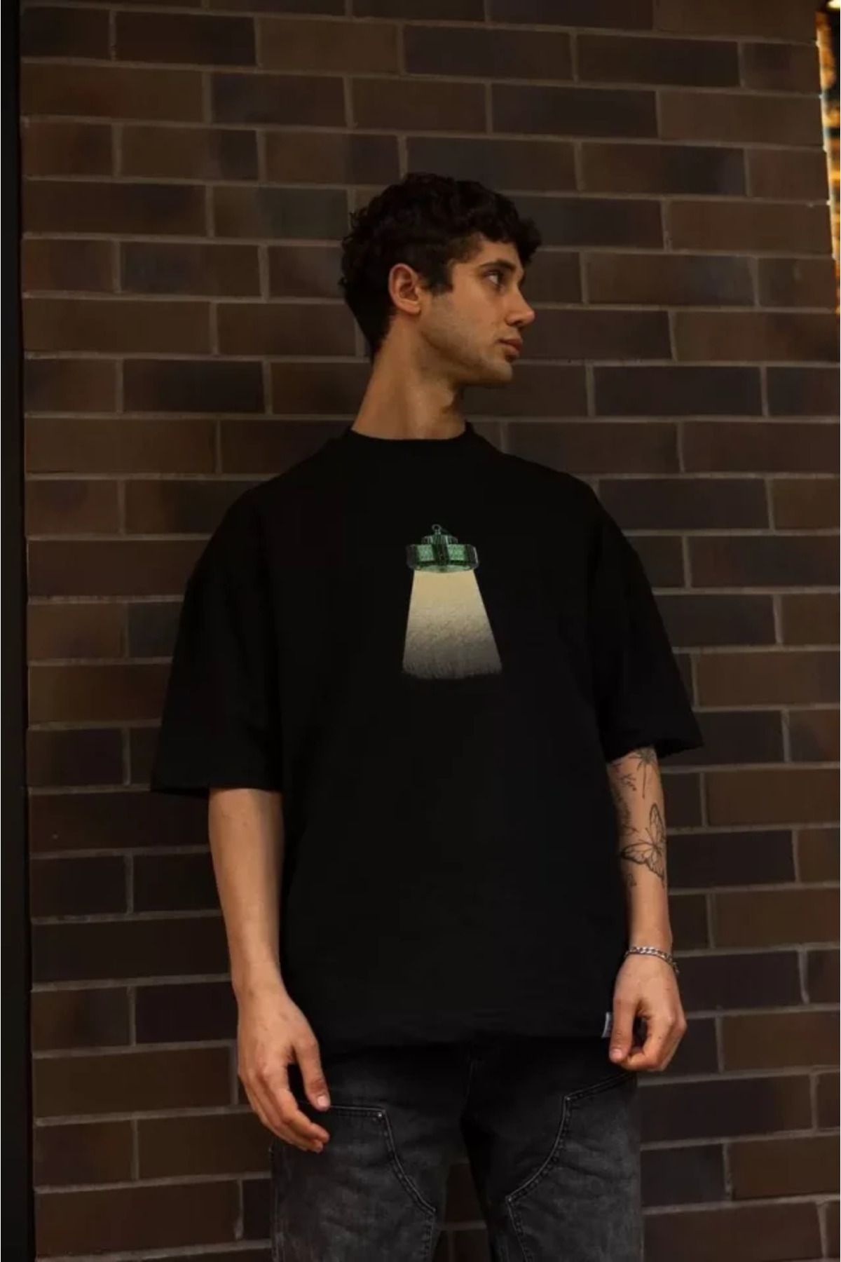 vivenza Unisex Bisiklet Yaka Baskılı Oversize T-Shirt - Siyah