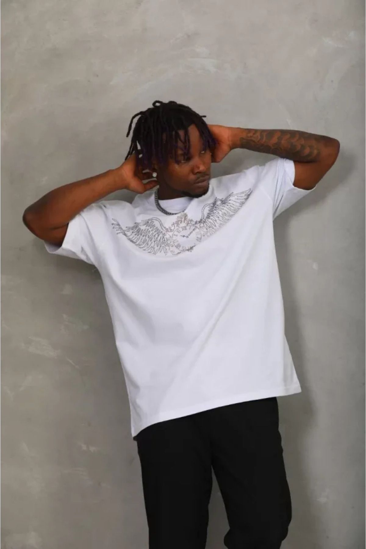 Albayrak Unisex Oversize Taşlı Bisiklet Yaka T-Shirt - Beyaz