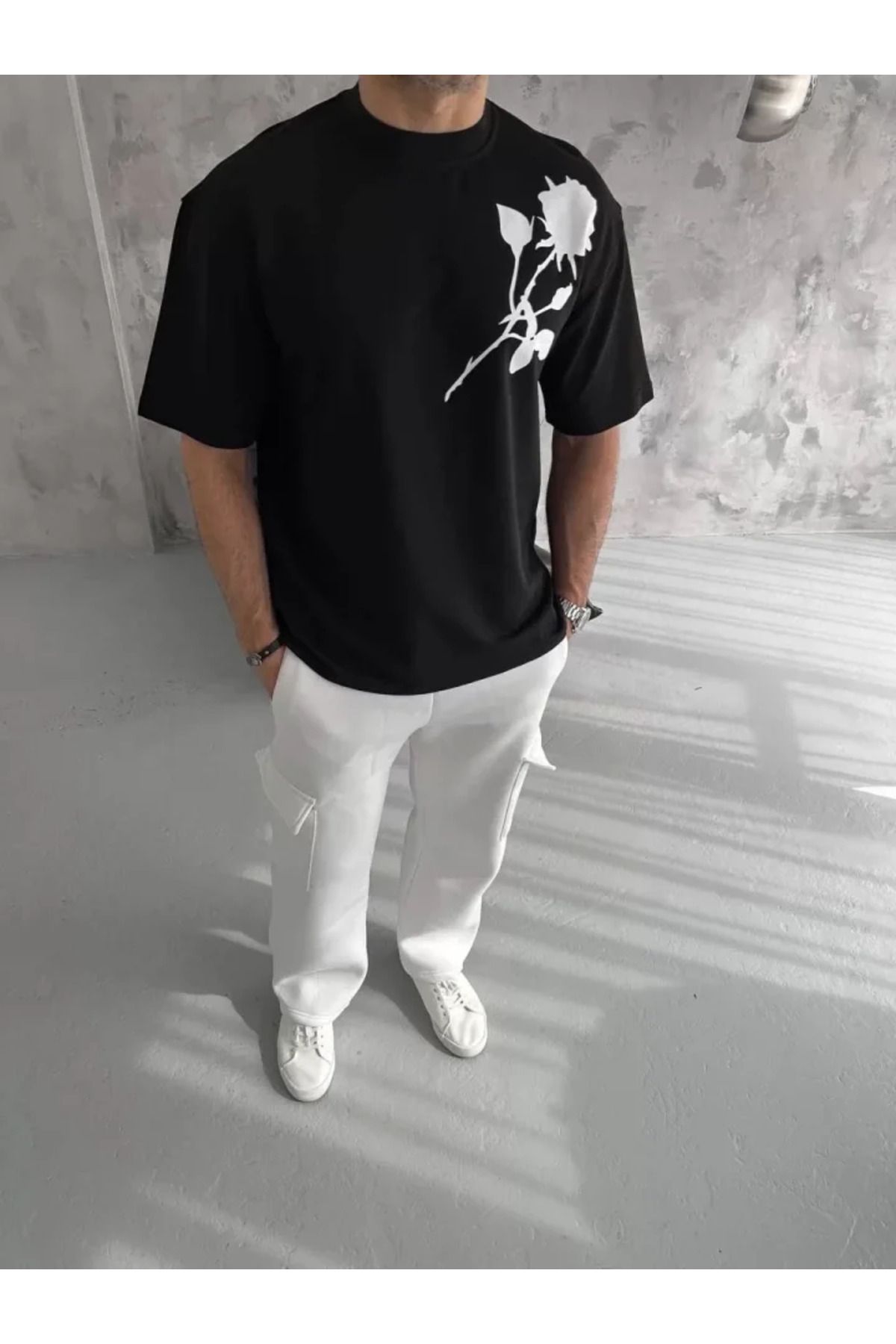 Asap Unisex Bisiklet Yaka Baskılı Oversize T-Shirt - Siyah