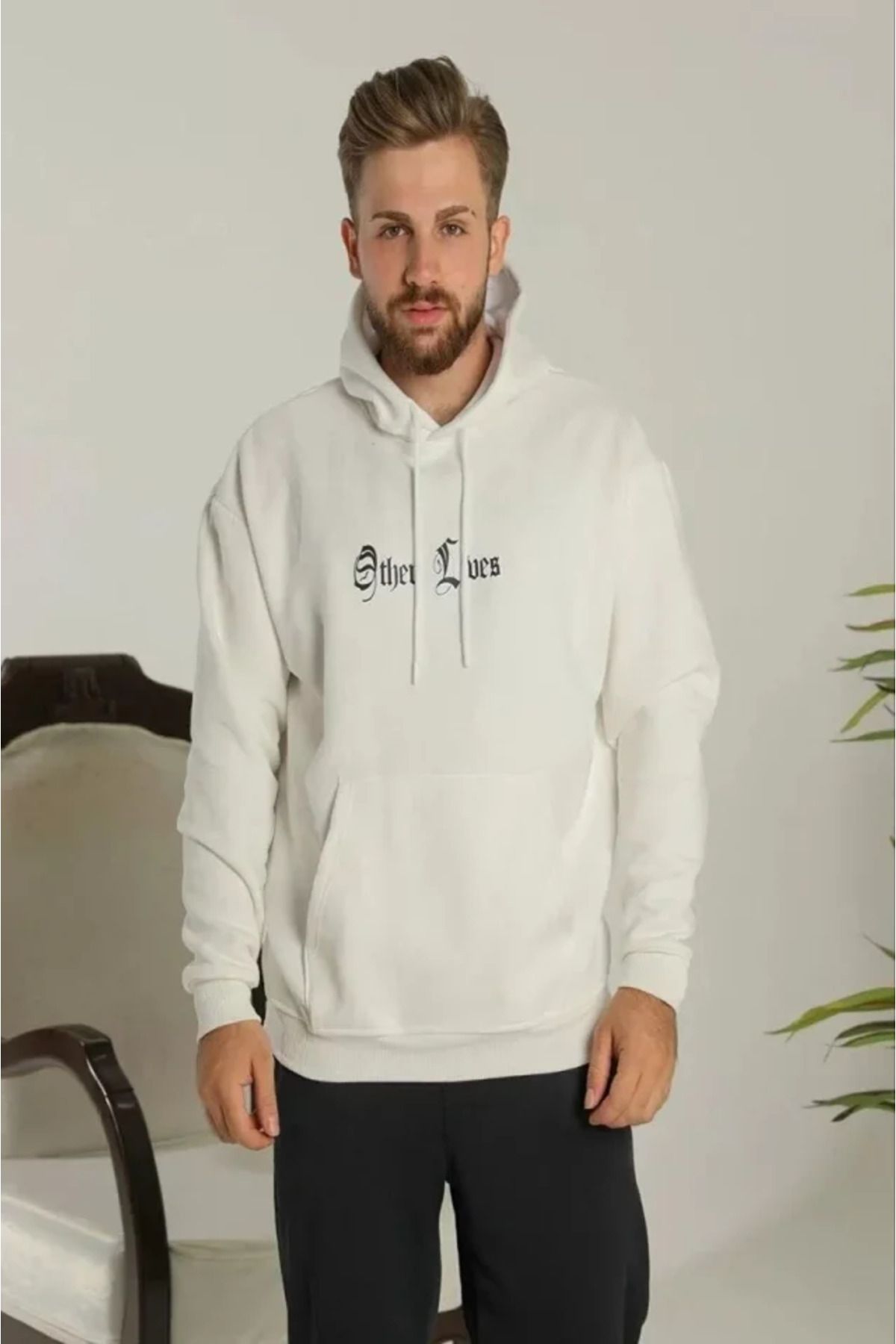 VİVALETTA Erkek Sırt Baskılı Oversize Üç İplik Kapüşonlu Sweatshirt - Beyaz