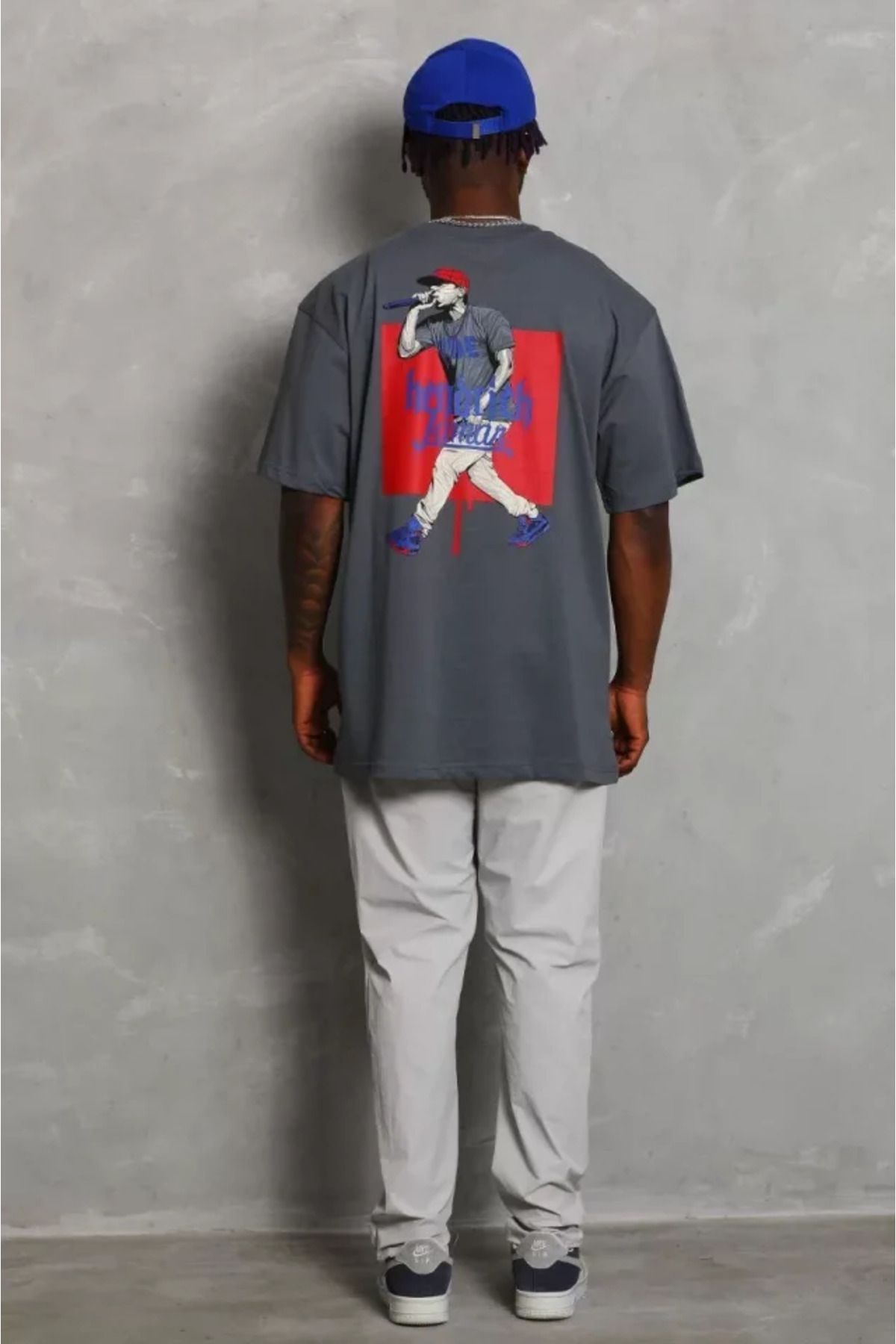 Albayrak Unisex Oversize Baskılı Bisiklet Yaka T-Shirt - Füme