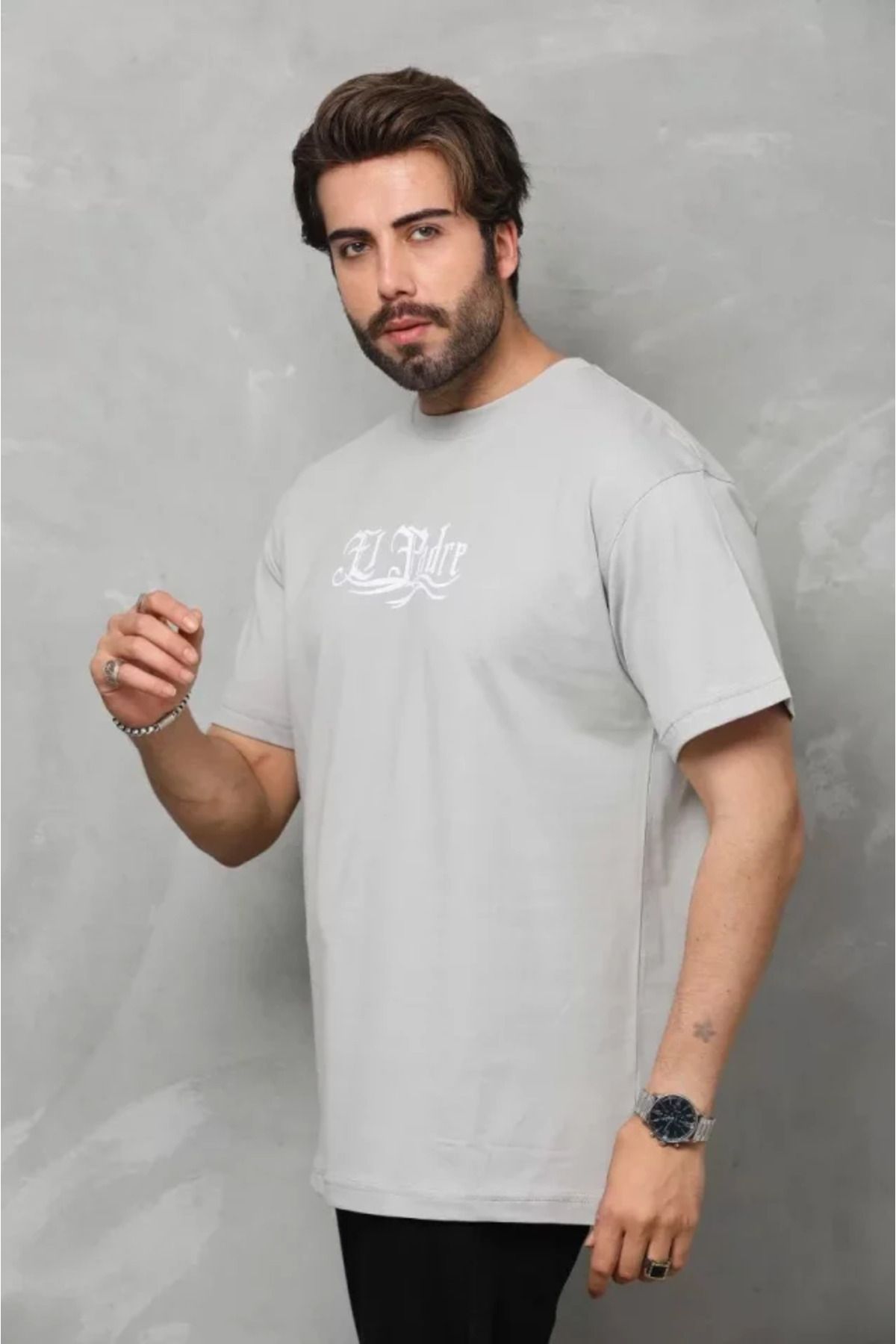 Asap Unisex Bisiklet Yaka Baskılı Oversize T-Shirt - Gri