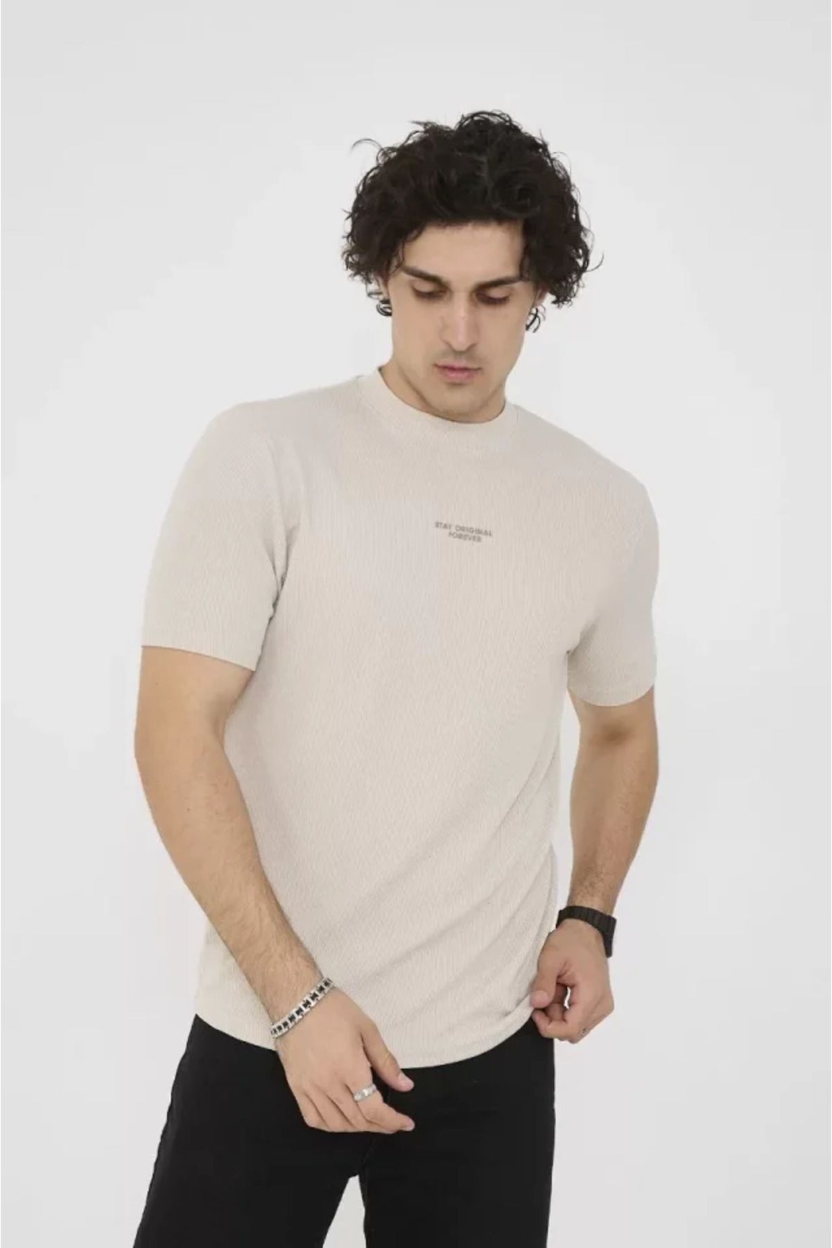 Albayrak Unisex Bisiklet Yaka Slim Fit T-Shirt- Bej
