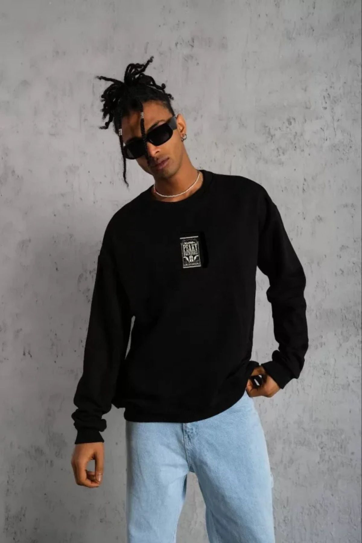 HİGUERA Unisex Bisiklet Yaka Baskılı Oversize Sweatshirt - Siyah