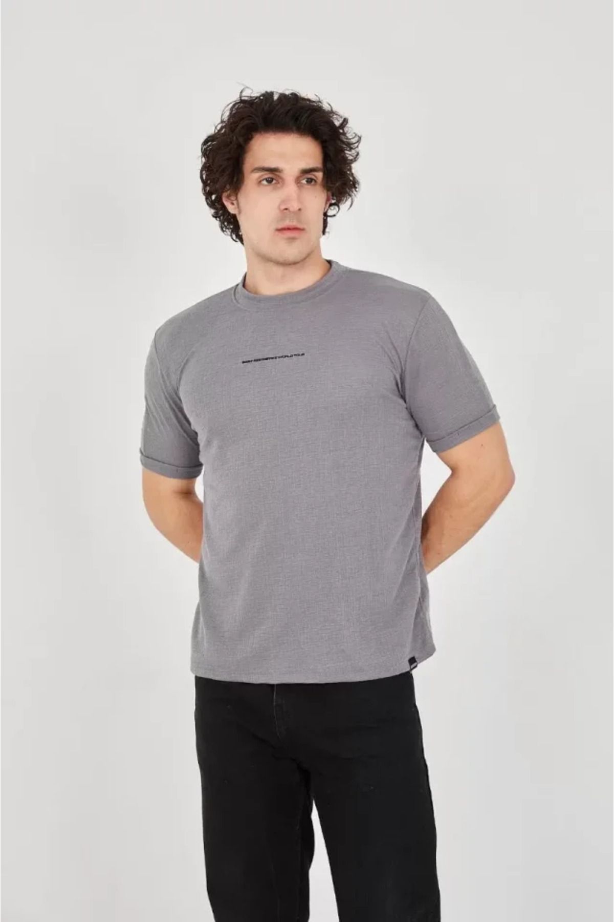 Albayrak Unisex Jakar Kumaş Slim Fit T-Shirt - Boyalı Gri